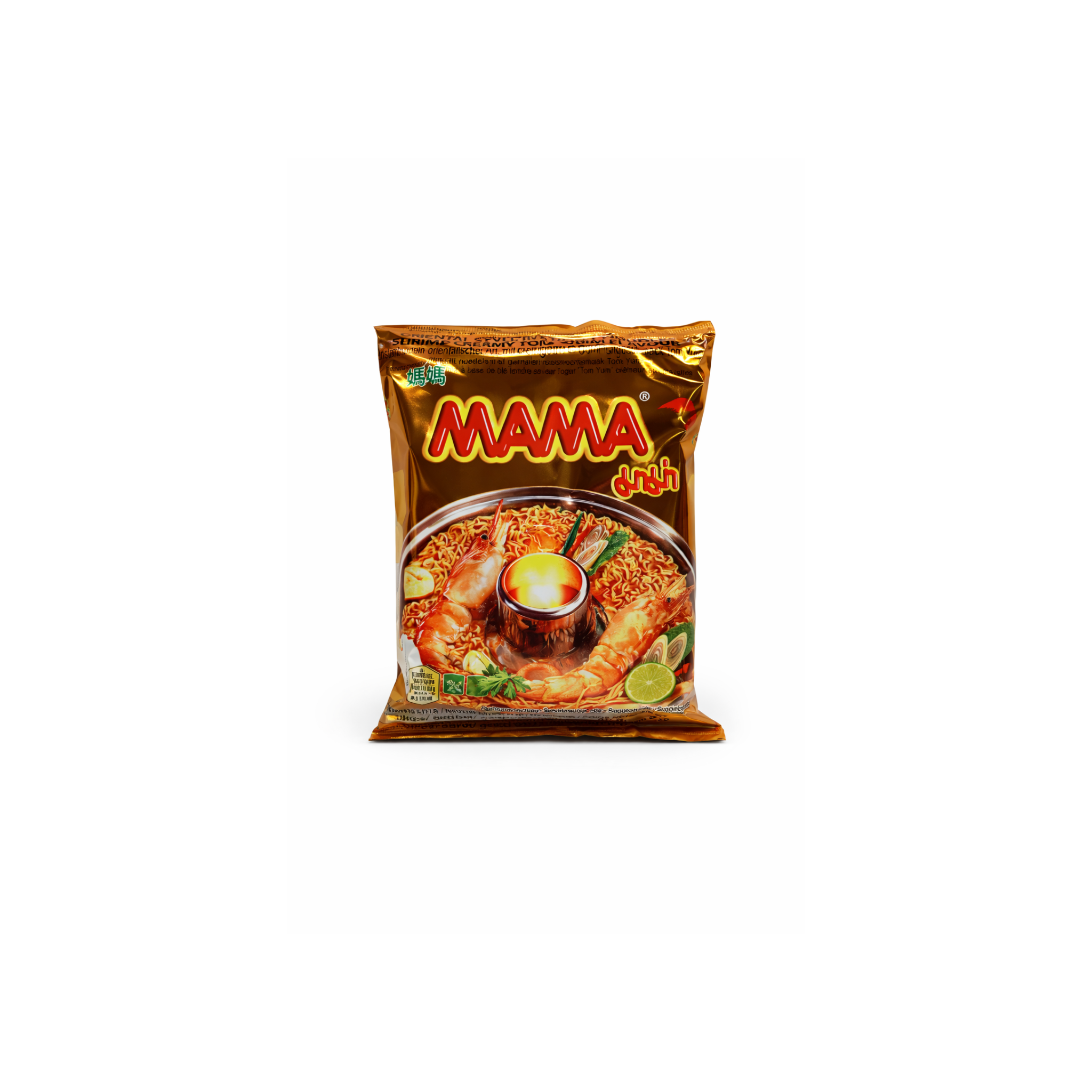 Mama Instant Nudler med Creamy Shrimp Tom Yum smag i guld-brun pose.