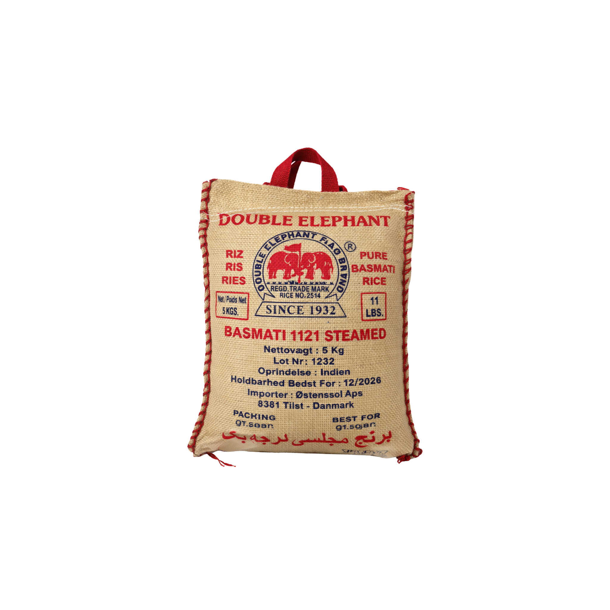 Double Elephant dampet basmatiris 1121 ekstra lange korn 5 kg – parboileret basmati i brun jutepose