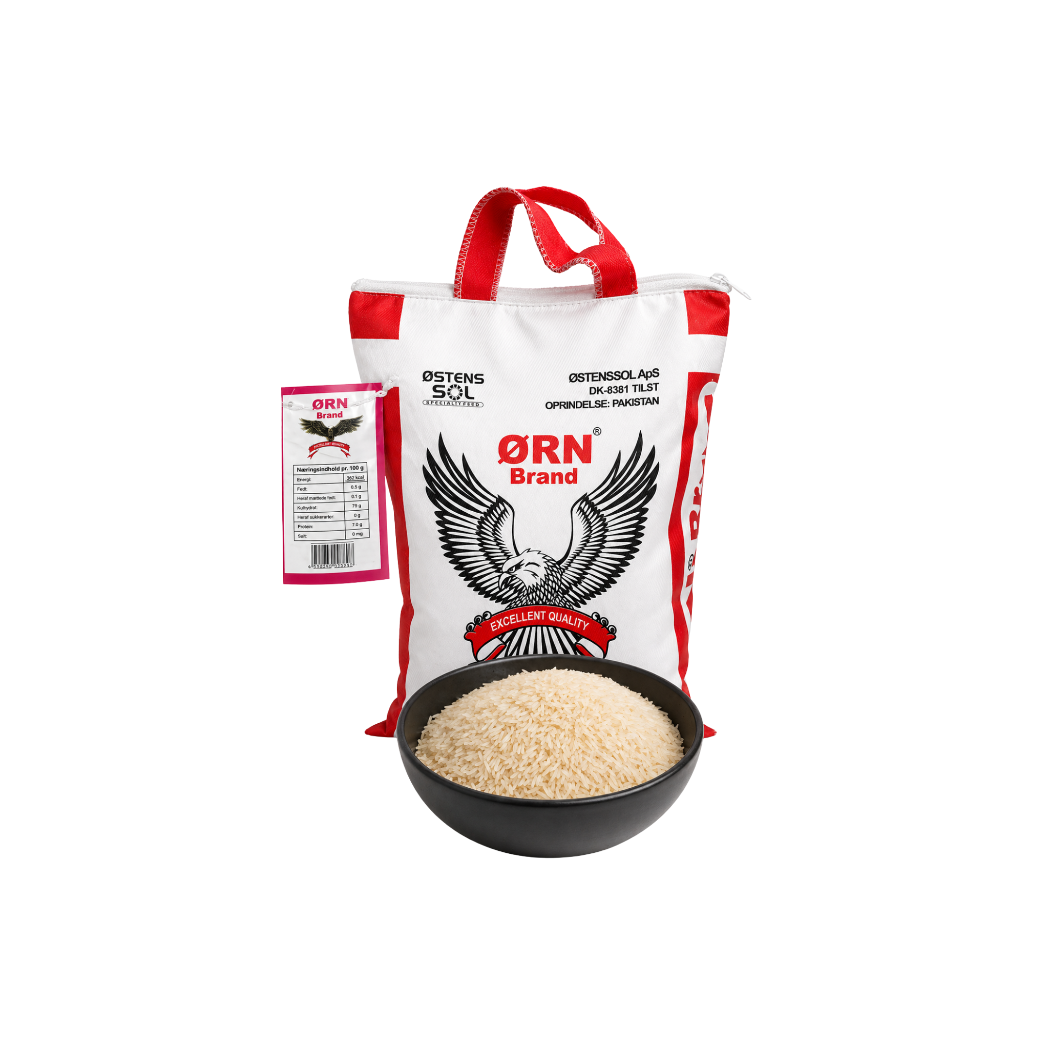 Ørn Brand basmatiris Golden Creamy Sella 2 kg – parboileret basmati i hvid og rød pose placeret bag en skål med rå ris