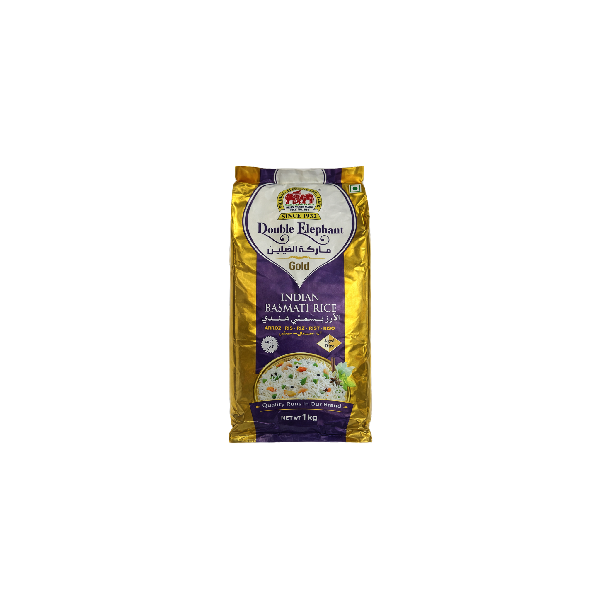Double Elephant indisk basmatiris 1 kg – premium basmati i guld og lilla pose