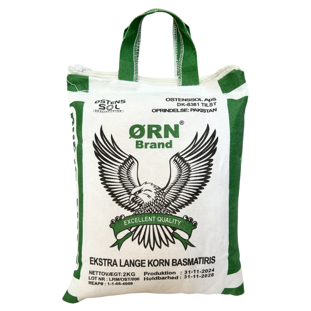 Ørn Brand rå basmatiris ekstra lange korn 2 kg – basmatiris i hvid og grøn pose