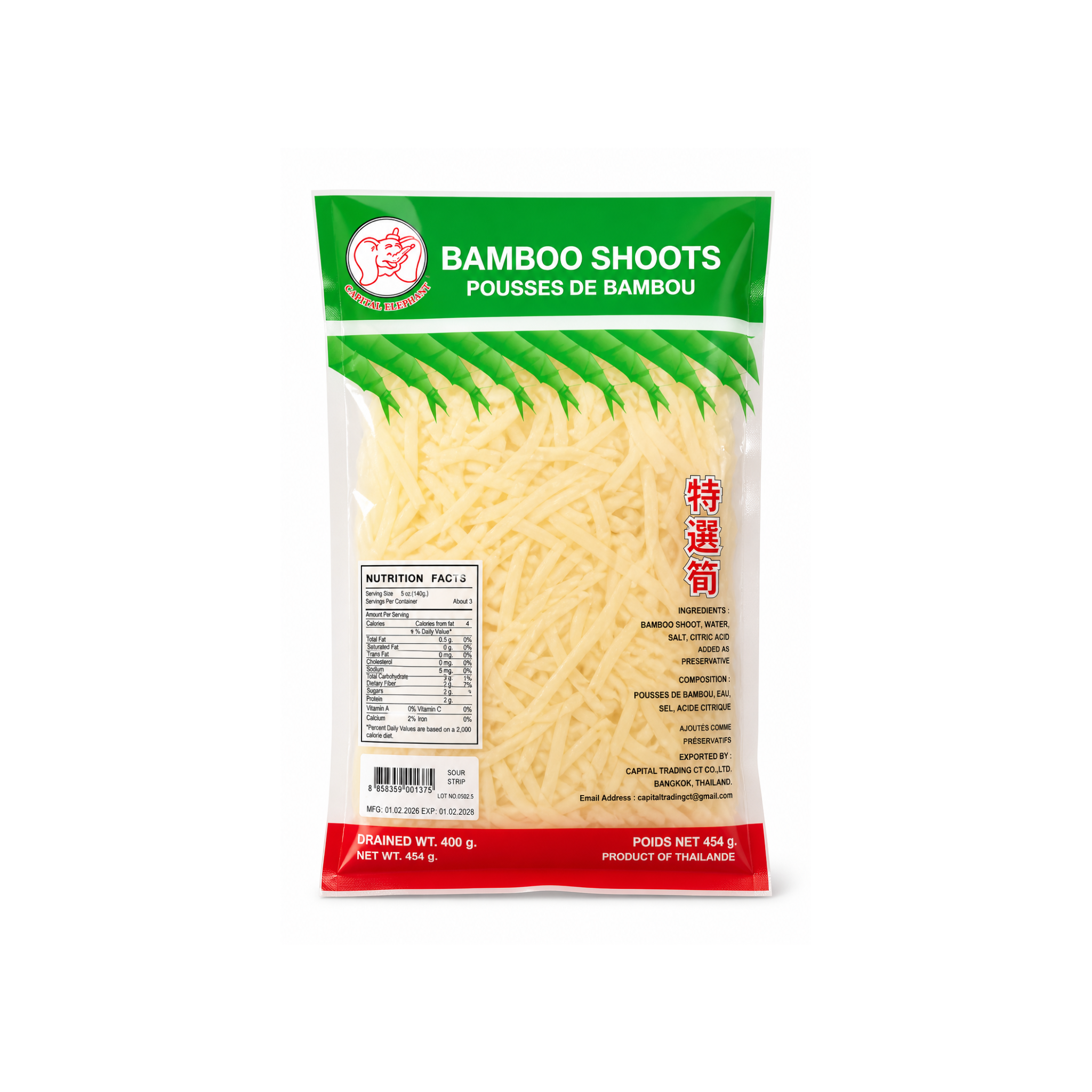 Capital Elephant Sure Bambusskud i Strimler 454g – thai sour bamboo shoots i gennemsigtig pose - grøn i toppen og rød i bunden