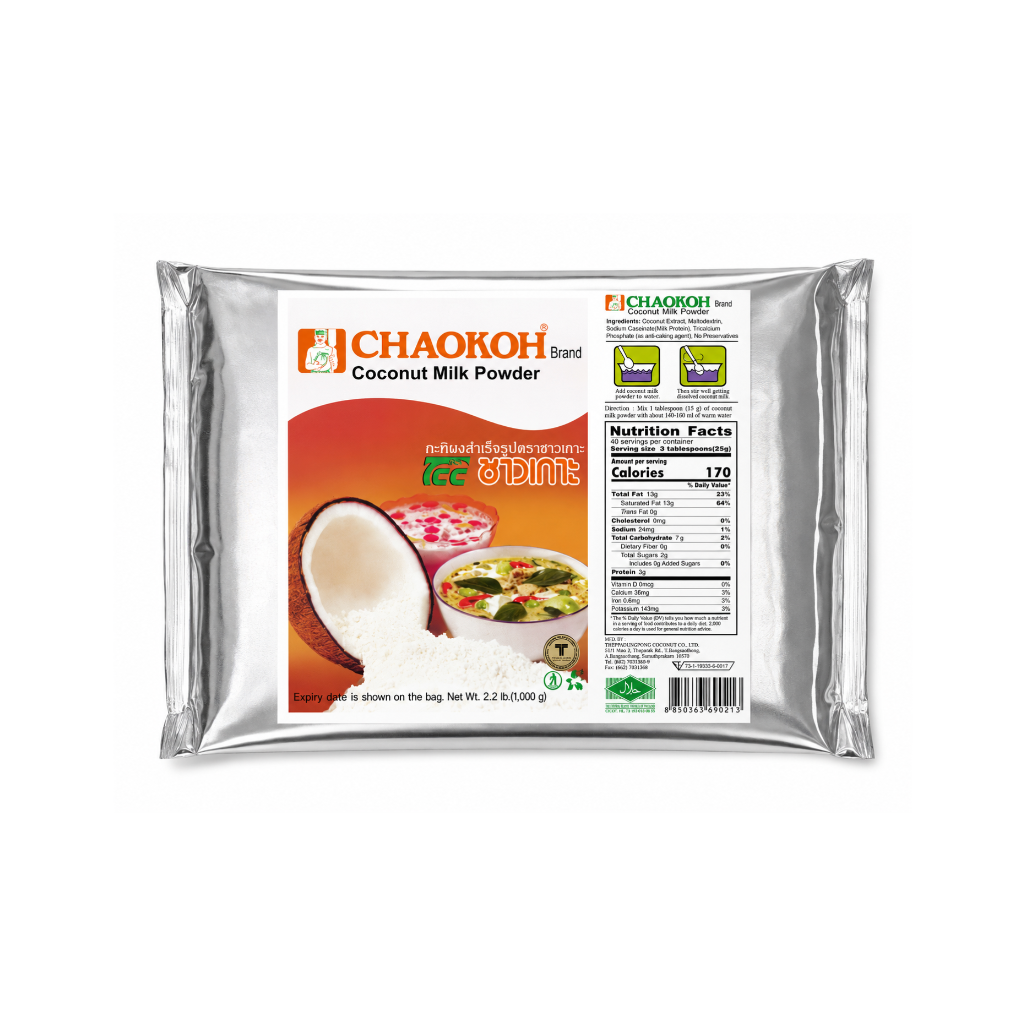 Chaokoh Kokosmælkspulver 1kg – thai coconut milk powder i sølvpose med kokosnød-illustration