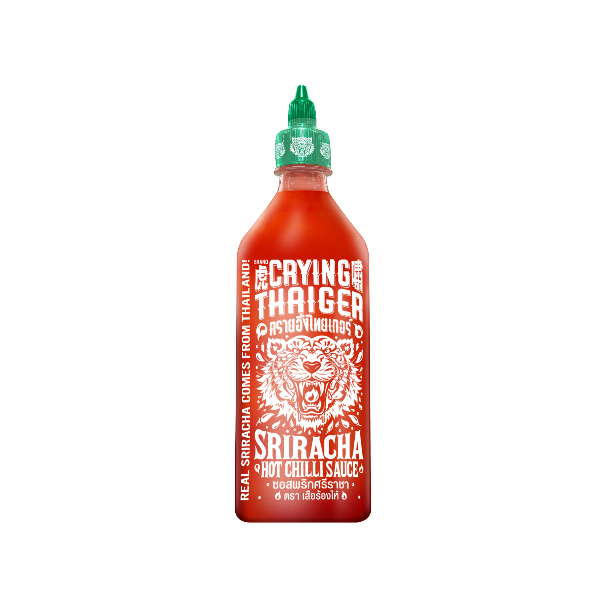 Crying Thaiger Sriracha 740ml – thai ekstra stærk chilisauce med tigergrafik og grøn dispenser-låg