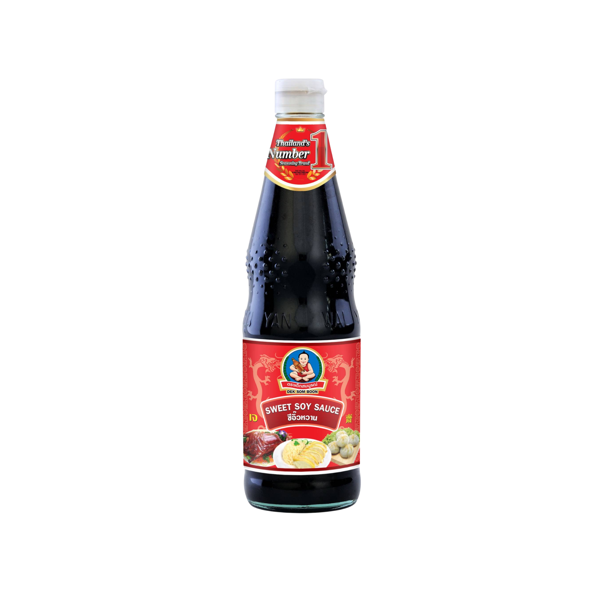 Dek Som Boon Sød Sojasauce 970g – thailandsk sweet soy sauce i glasflaske med rød etiket