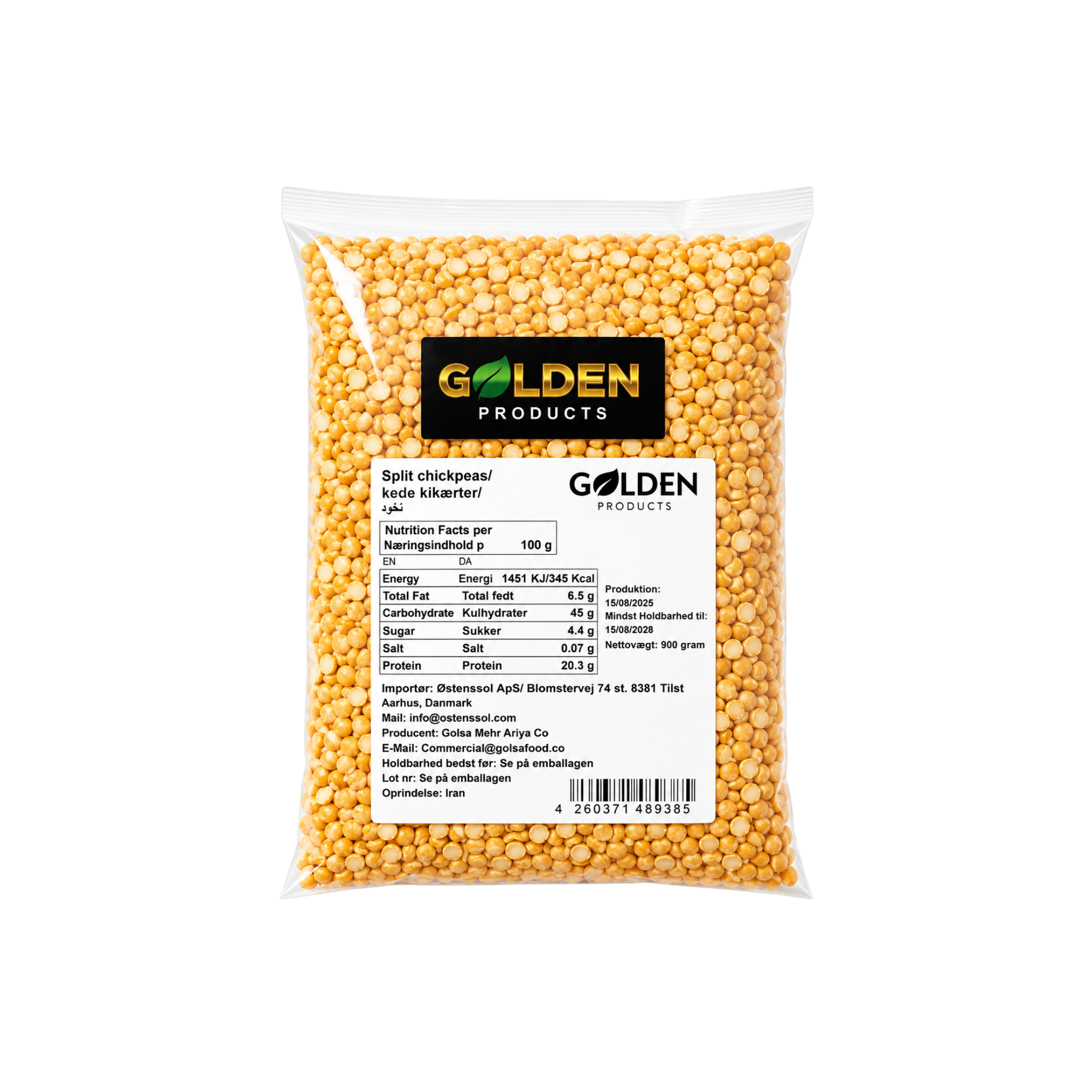 Golden Products Flækkede Kikærter Lappeh 900 g – iranske gule flækkede kikærter i klar pose