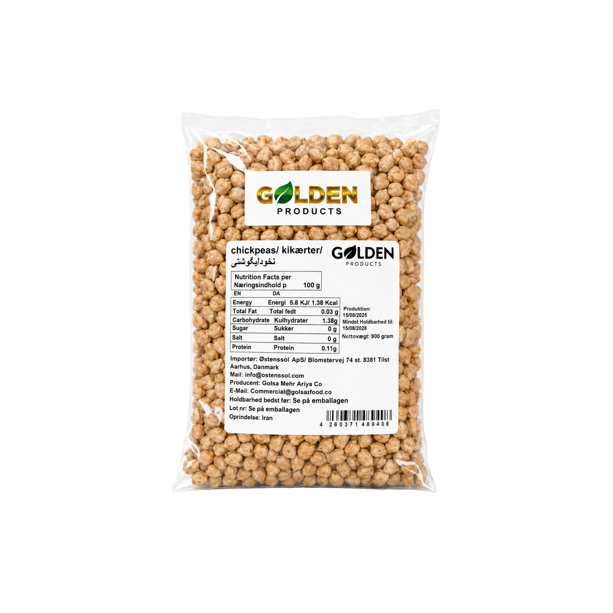 Golden Products Iranske Kikærter Tørrede 900g – klar pose med lyse kabuli-kikærter
