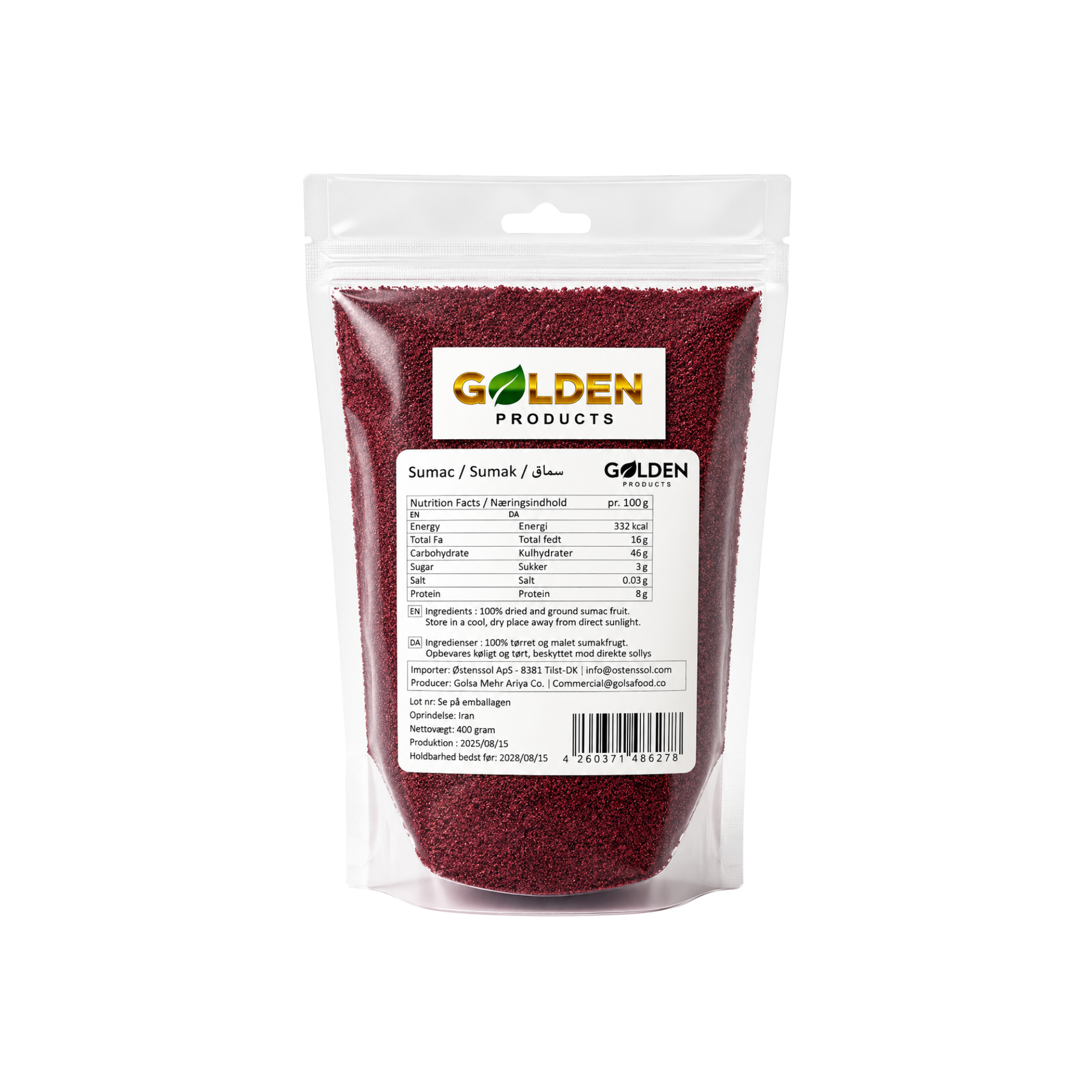 Golden Products Sumak Malet 400g – iransk burgundi-rødt krydderi i klar genlukkelig pose