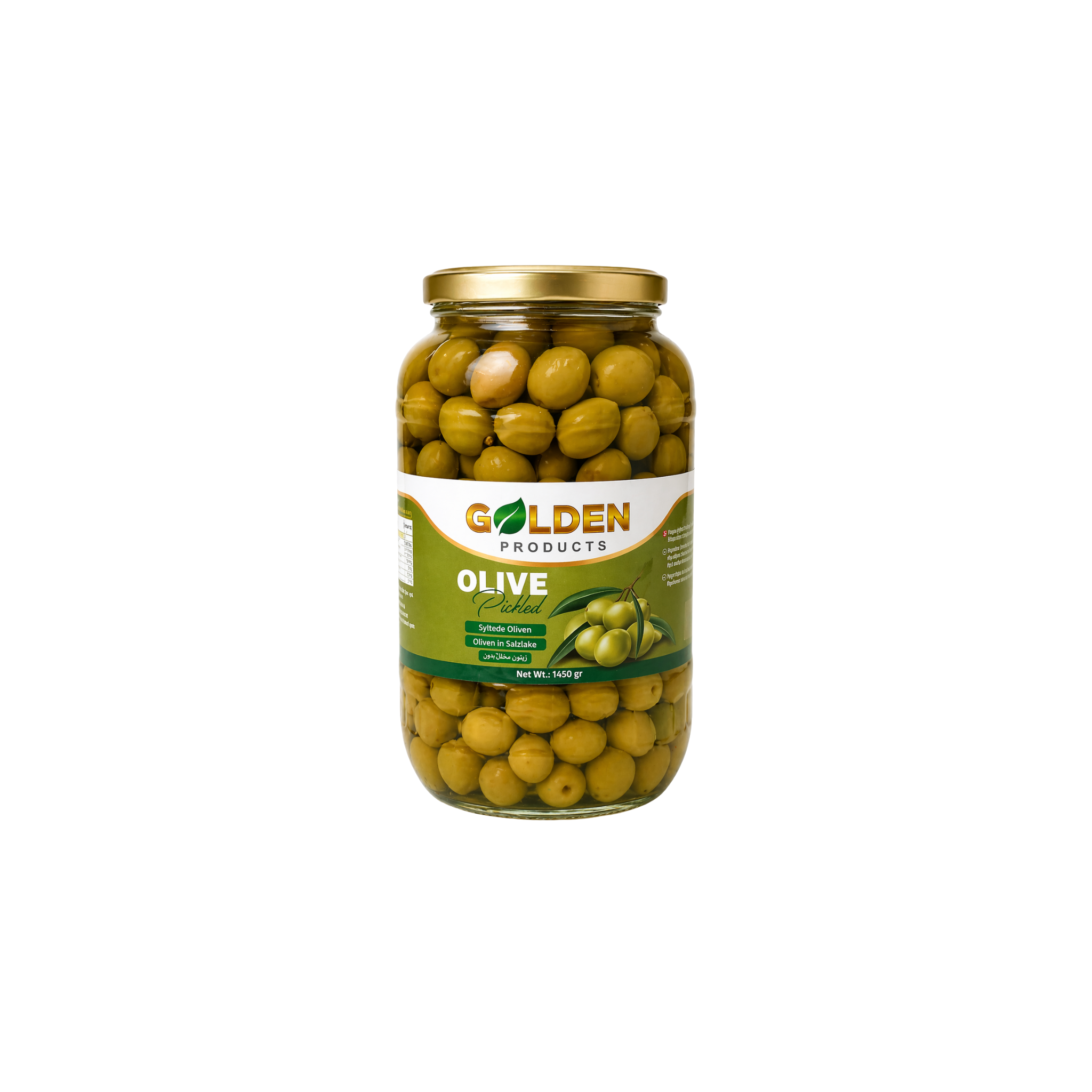 Golden Products Syltede Grønne Oliven 1450g – hele iranske grønne oliven i eddike og salt i glas