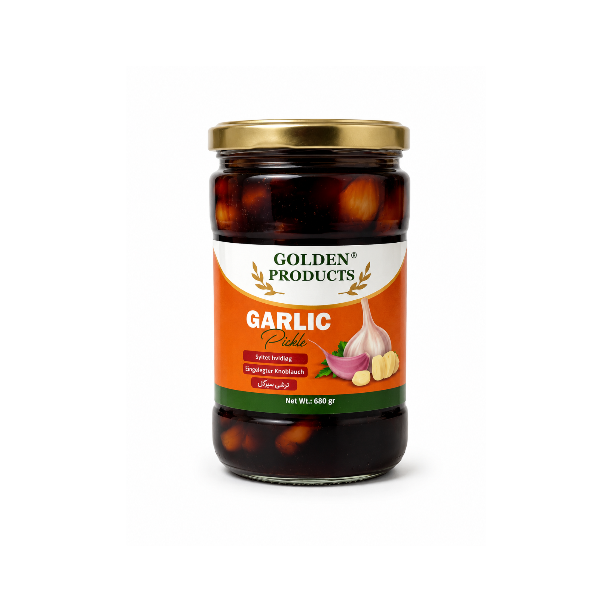 Golden Products Syltet Hvidløg 680g – persisk torshi sir i glas med karamel-brune hvidløgsfed