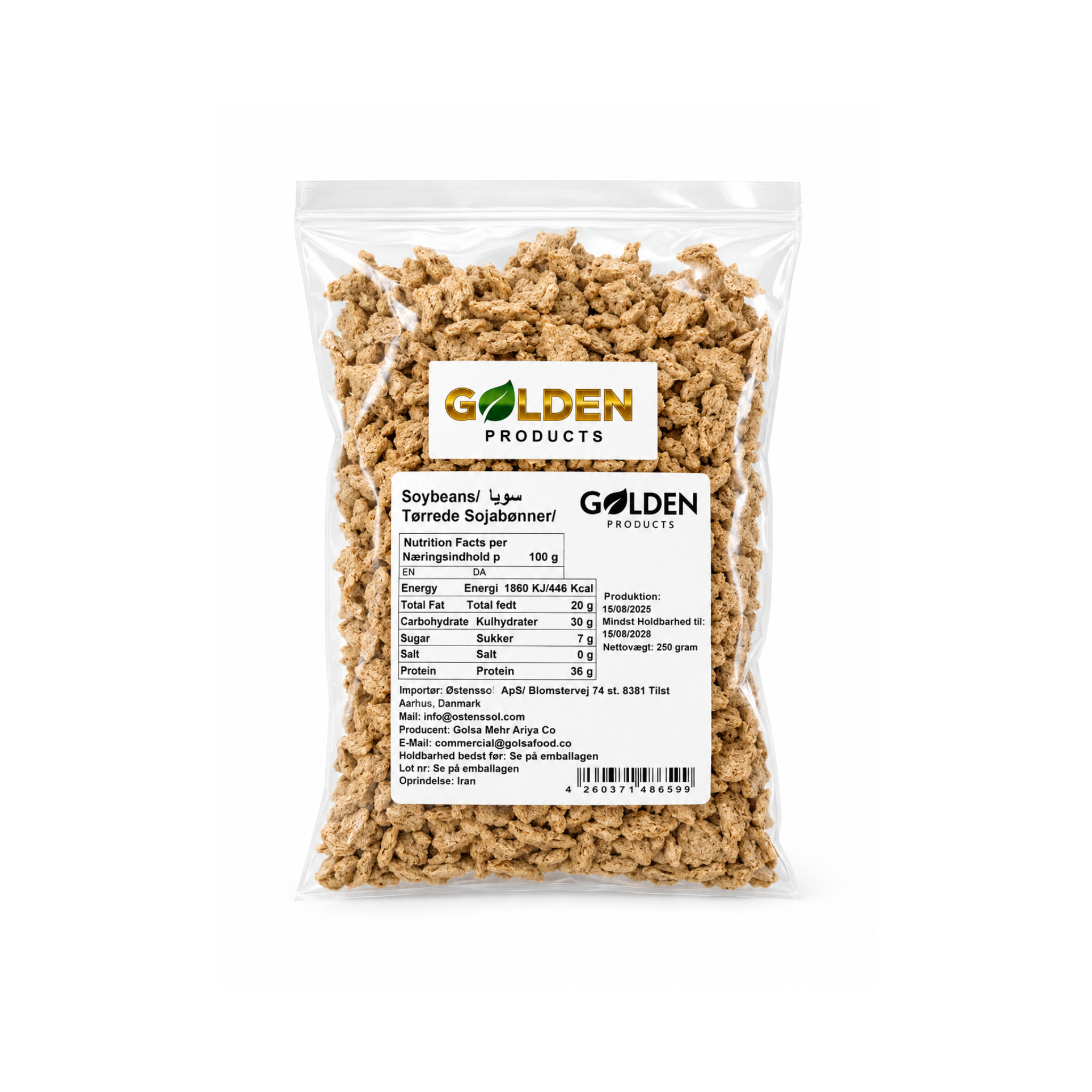 Golden Products Tørrede Sojabønner 250g – iransk tekstureret sojaprotein (soya/TVP) i klar pose

