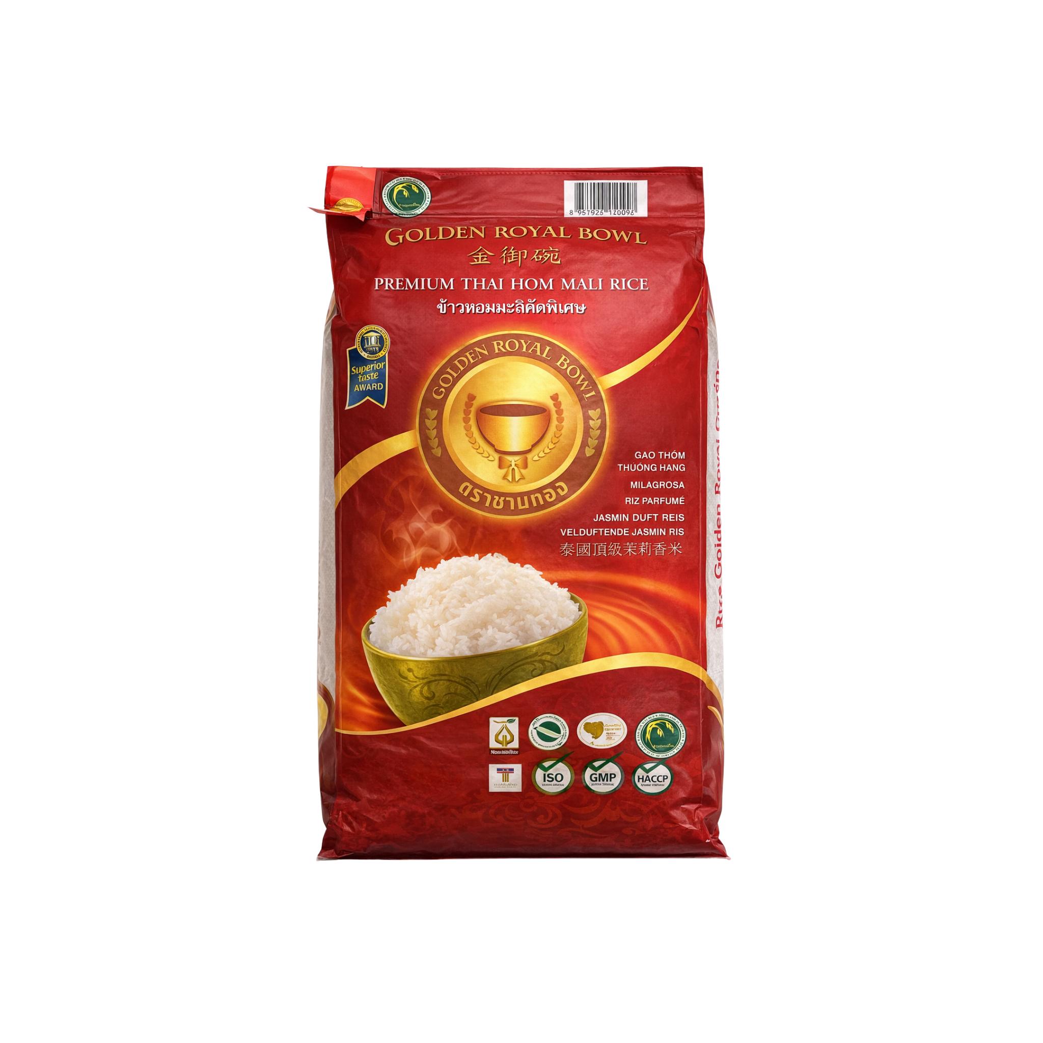 Golden Royal Bowl Premium Thai Jasminris Hom Mali 18 kg – Superior Taste Award, certificeret ISO, GMP og HACCP