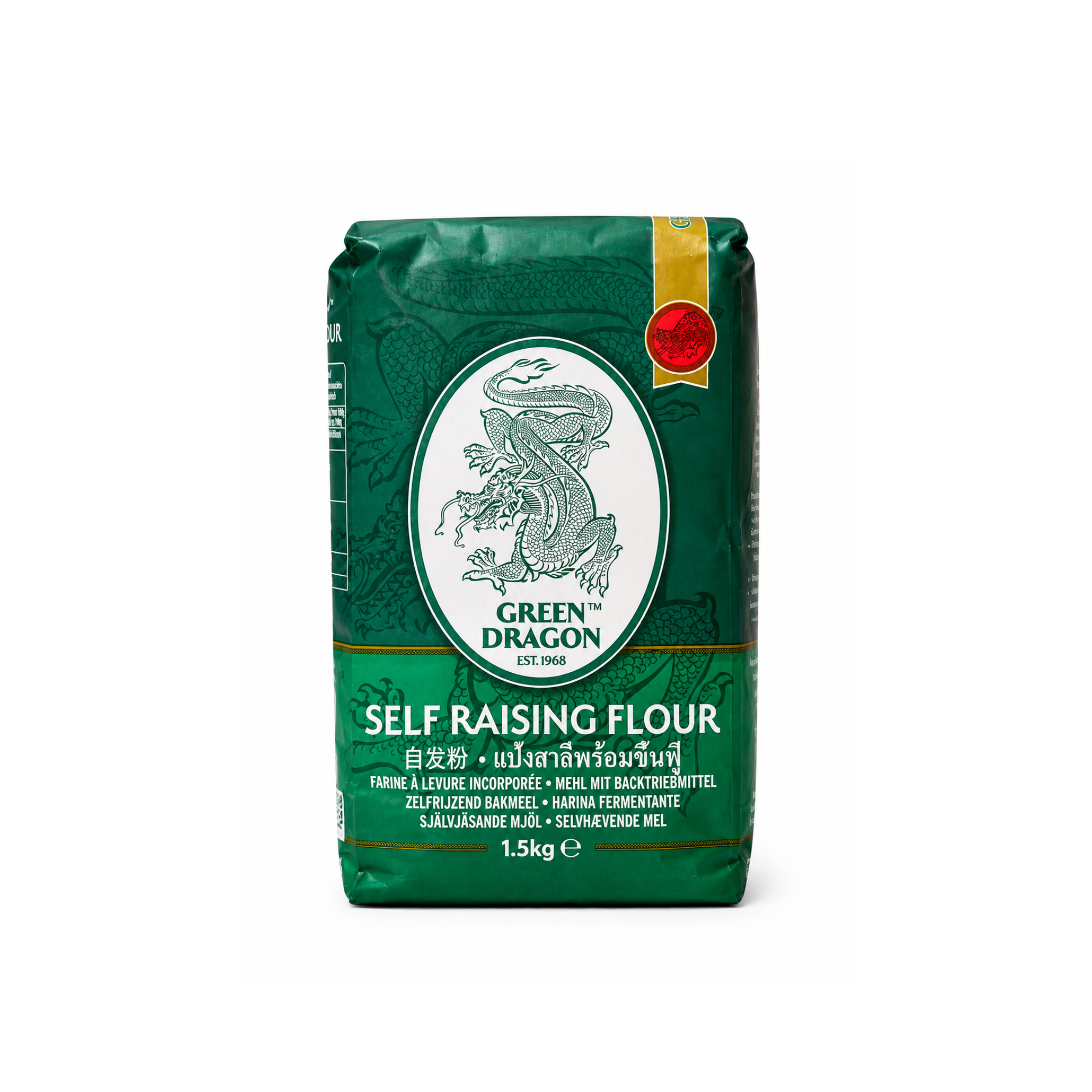 Green Dragon Selvhævende Mel 1,5kg – britisk self raising flour i grøn pose med dragemotiv
