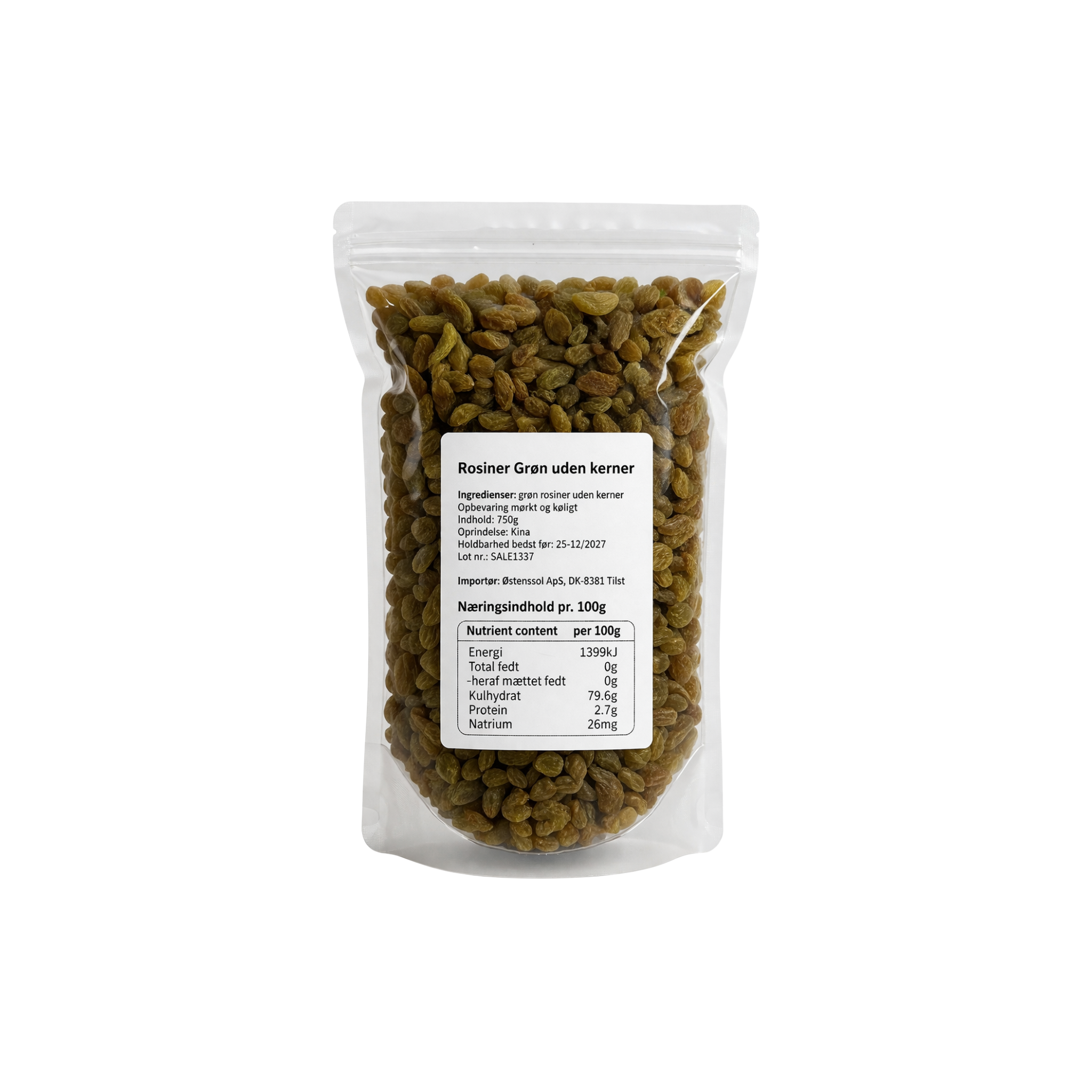 Grønne Rosiner uden Kerner 750 g – naturligt søde kernefri rosiner fra Kina, perfekt som snack eller i madlavning