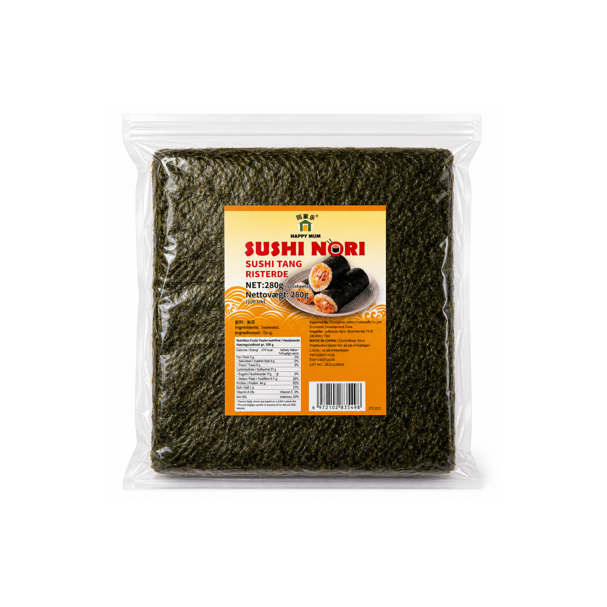 Happy Mum Sushi Nori 280g – 100 ristede tang-ark i fuld størrelse i pose