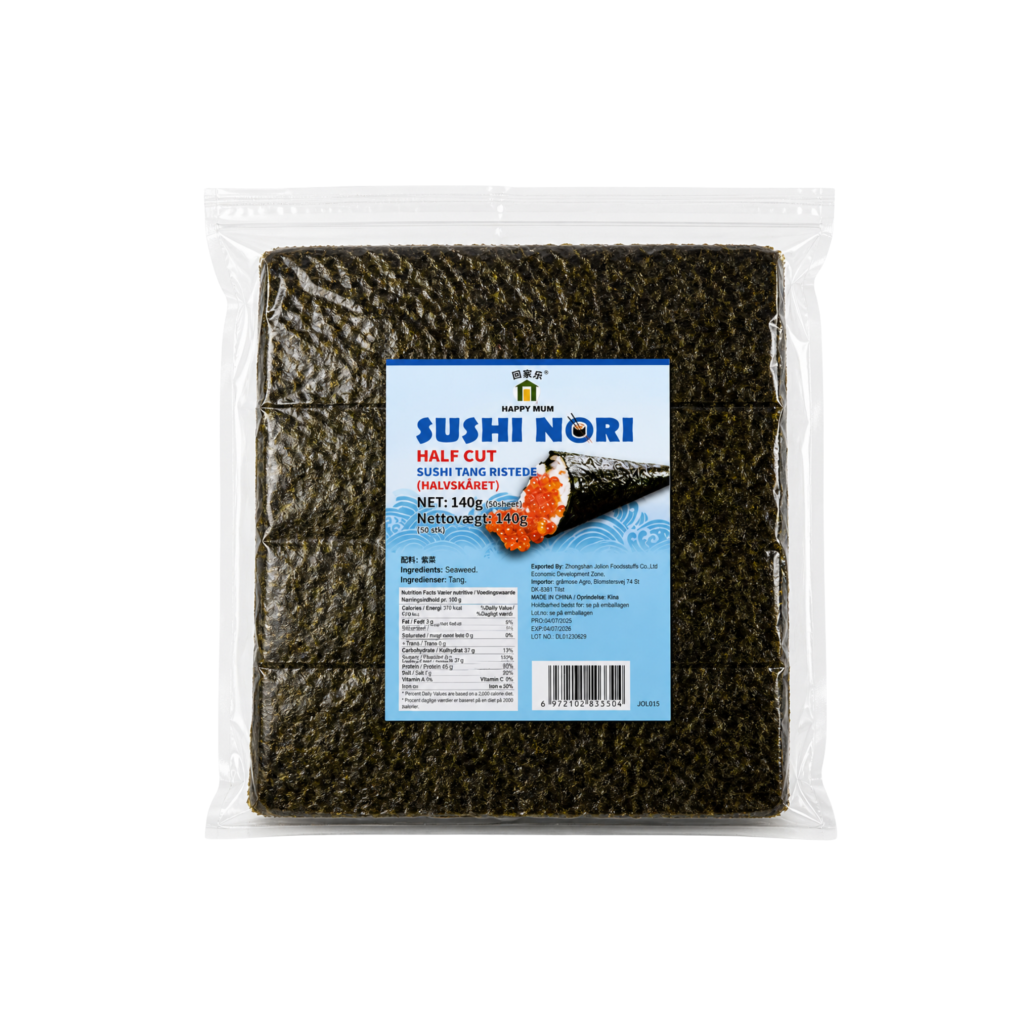 Happy Mum Sushi Nori Halvskåret 140g – 50 ristede tang-ark i pose