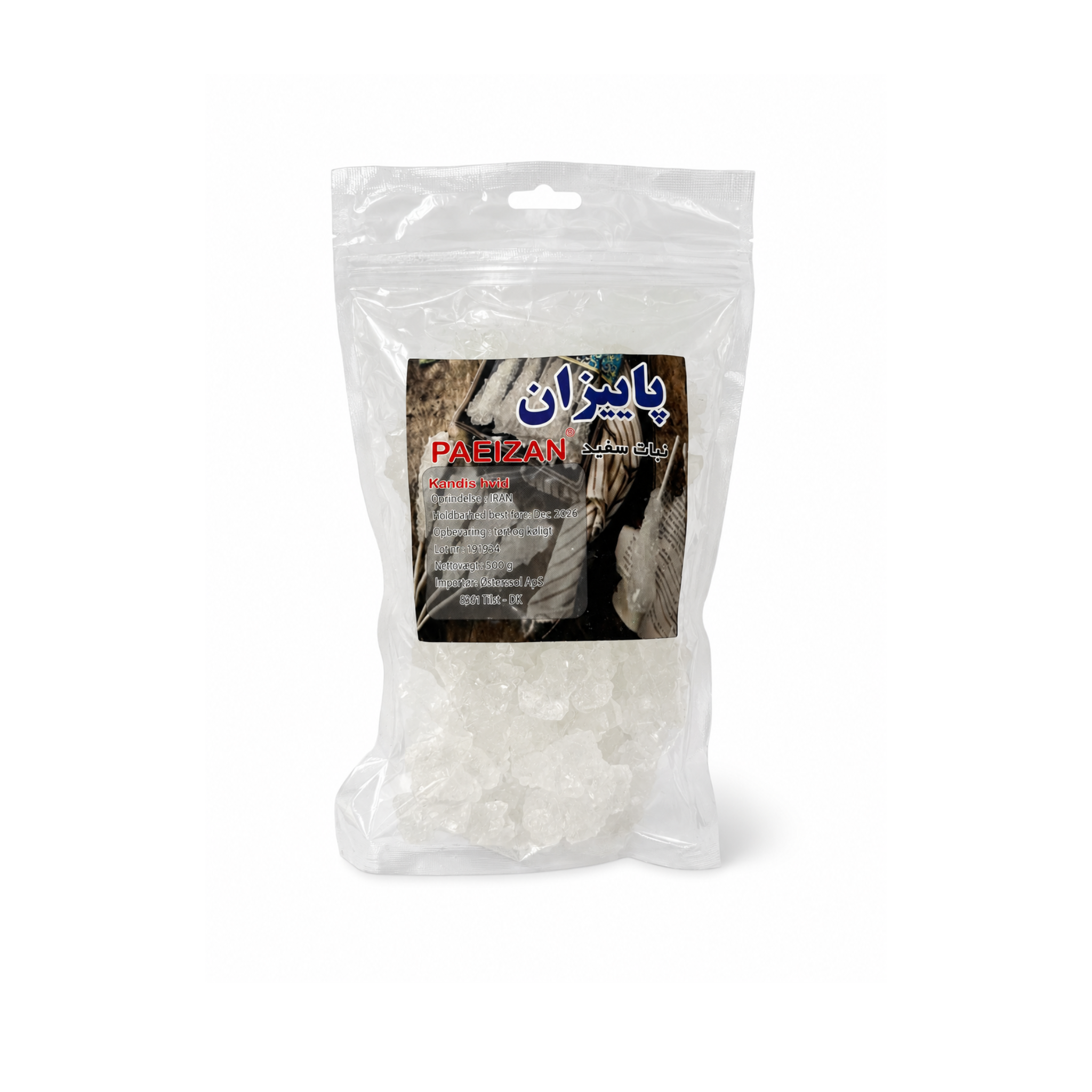 Paeizan Hvid Kandis Nabat Sefid 500 g – iransk kandissukker i krystalform i klar zip-pose