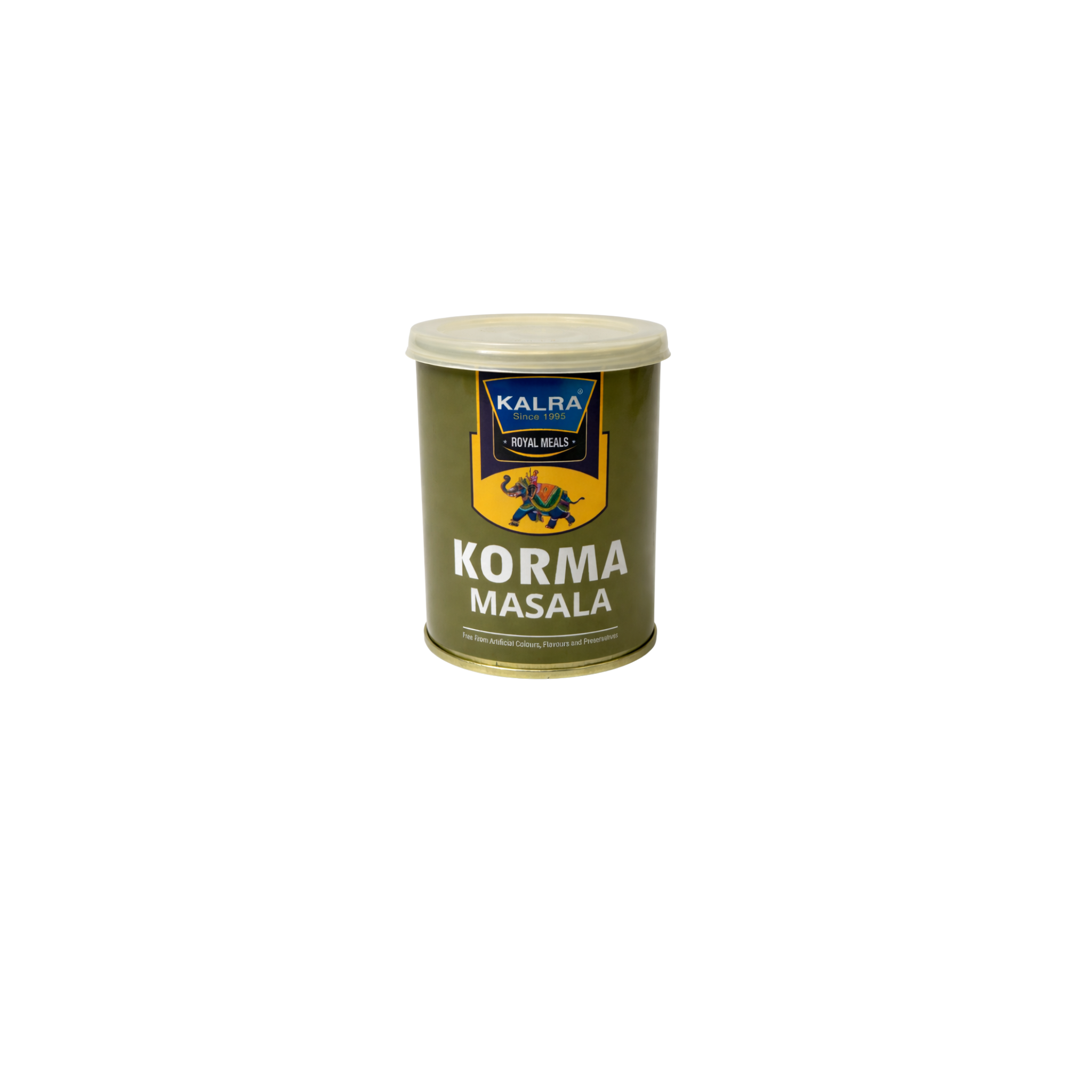 Kalra Royal Meals Korma Masala 100g – indisk krydderiblanding i olivengrøn dåse med cashewnødder uden kunstige tilsætningsstoffer