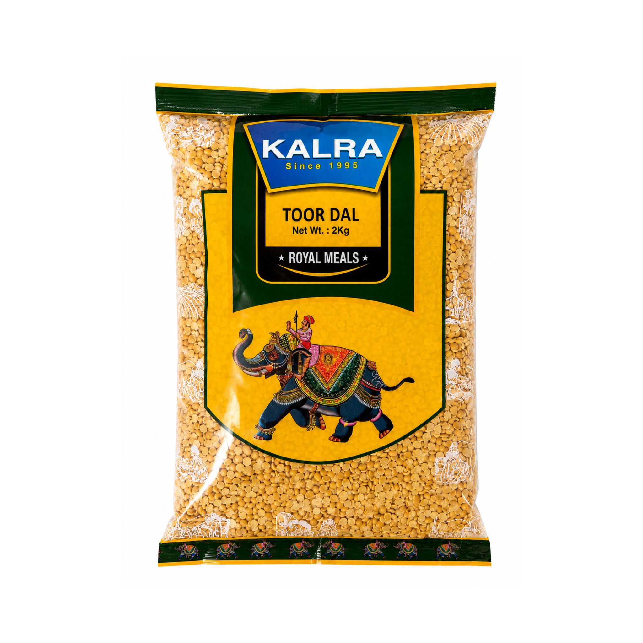 Kalra Toor Dal 2kg – gule flækkede ærter til indisk dal i klar pose med elefant-motiv