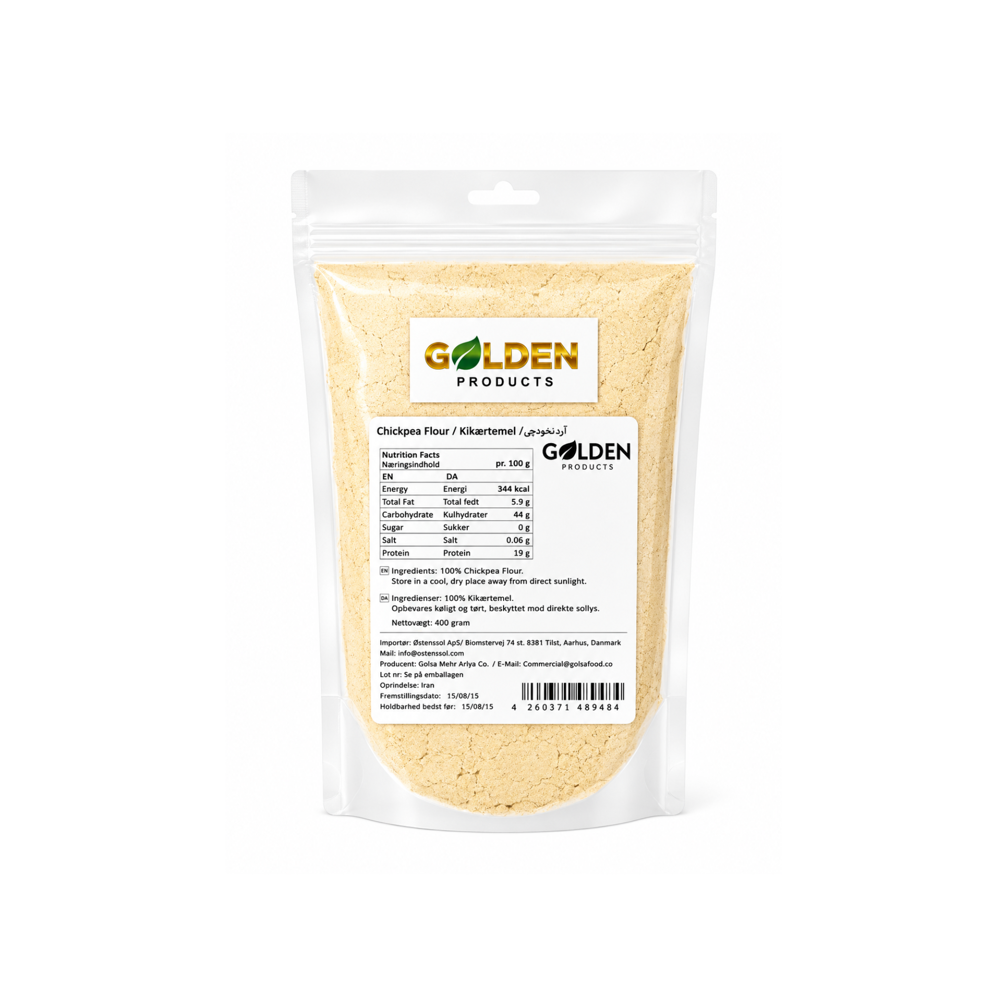Golden Products Kikærtemel Ard-e Nokhodchi 400 g – fint iransk kikærtemel i genlukkelig pose