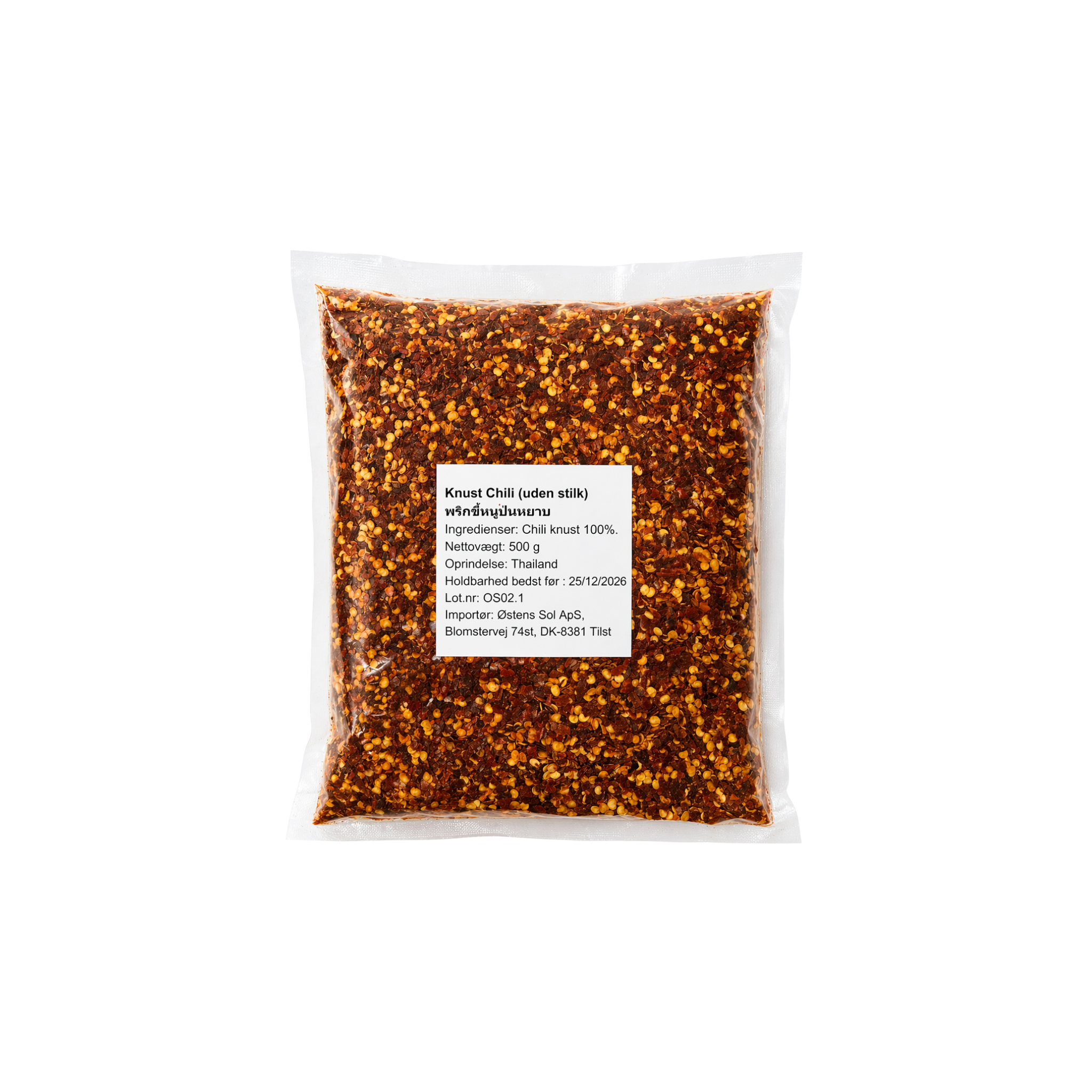 Knust Chili uden Stilk 500g – groft malet thai chili til nudler, supper og chiliolie