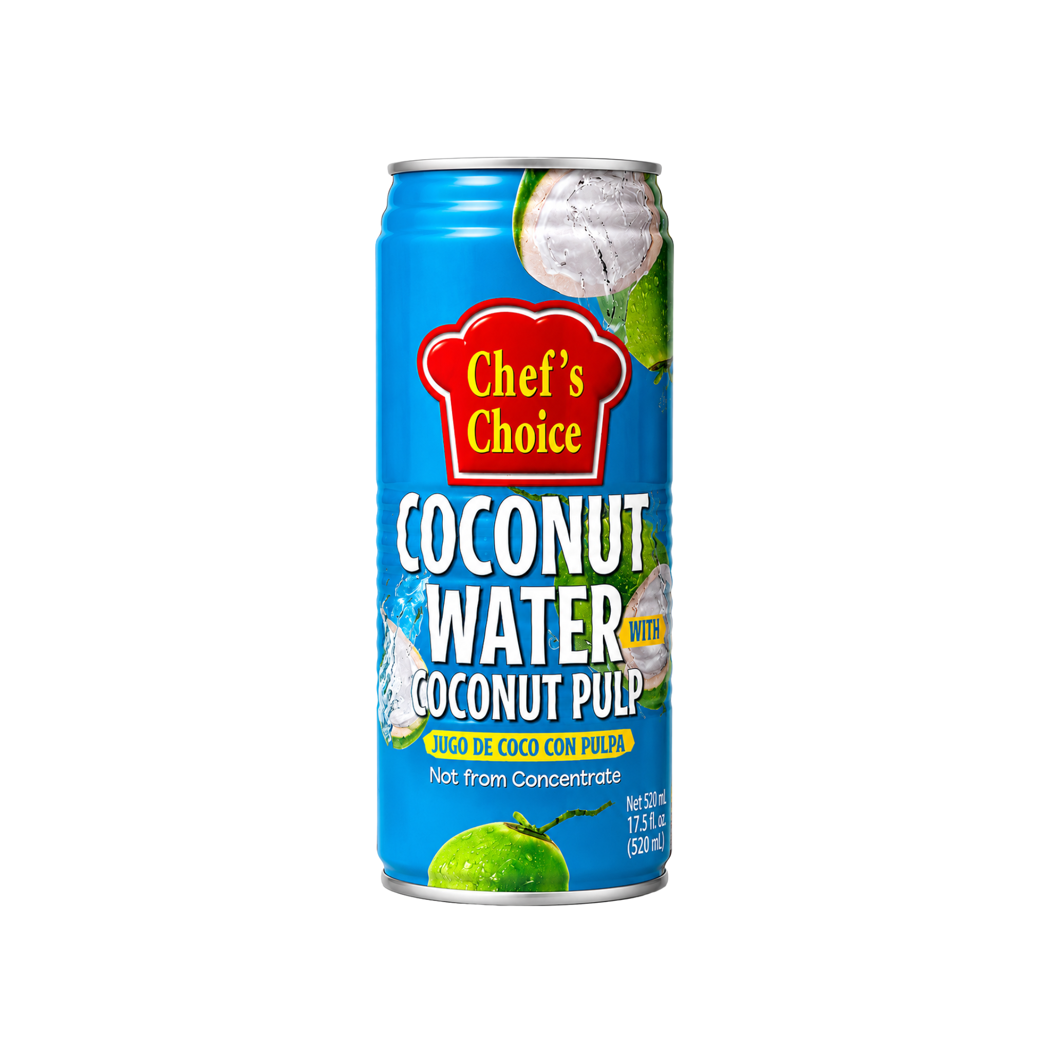 Chef's Choice Kokosvand med Kokosstykker 520ml – thai drik i blå dåse med kokosnød-illustration