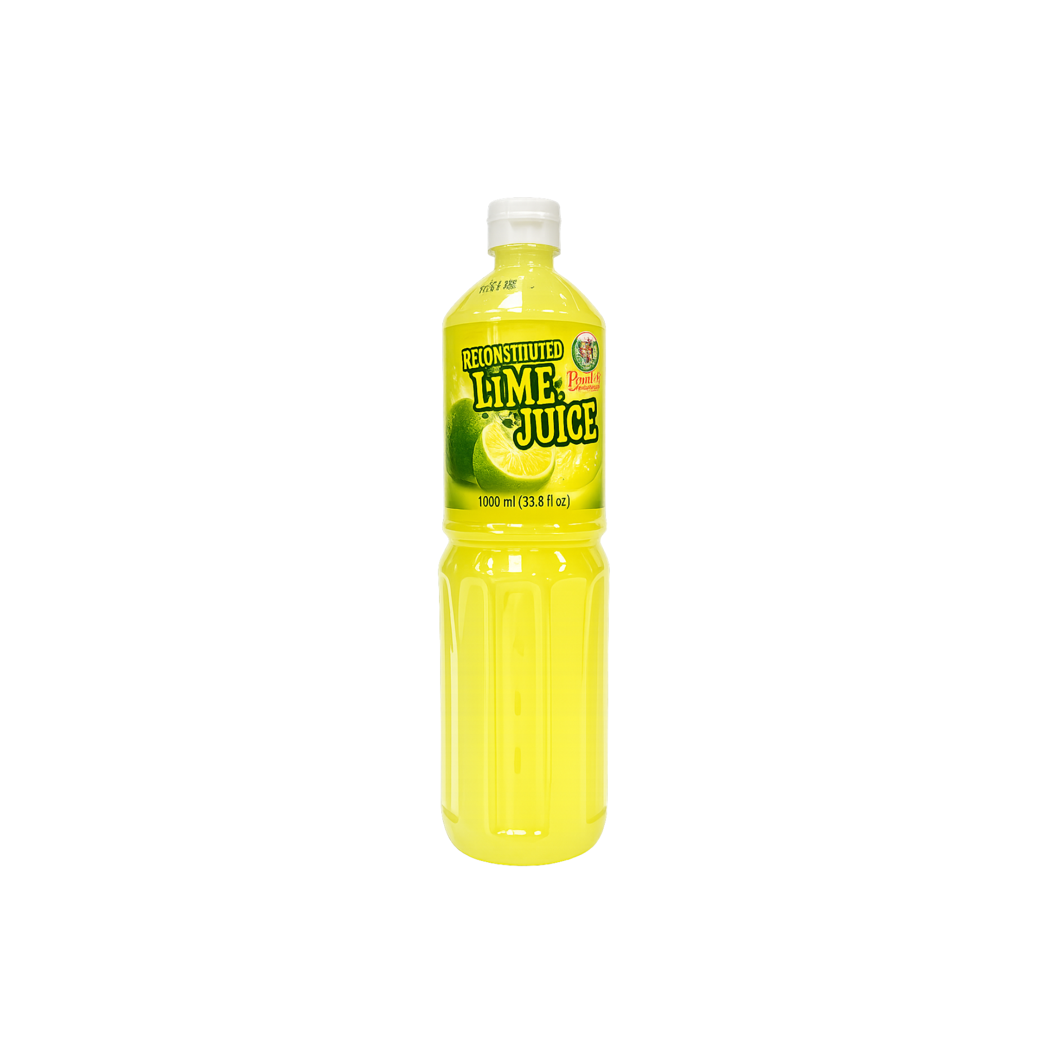 Pantai limesaft 1 L – frisk lime juice i gennemsigtig flaske med gul væske
