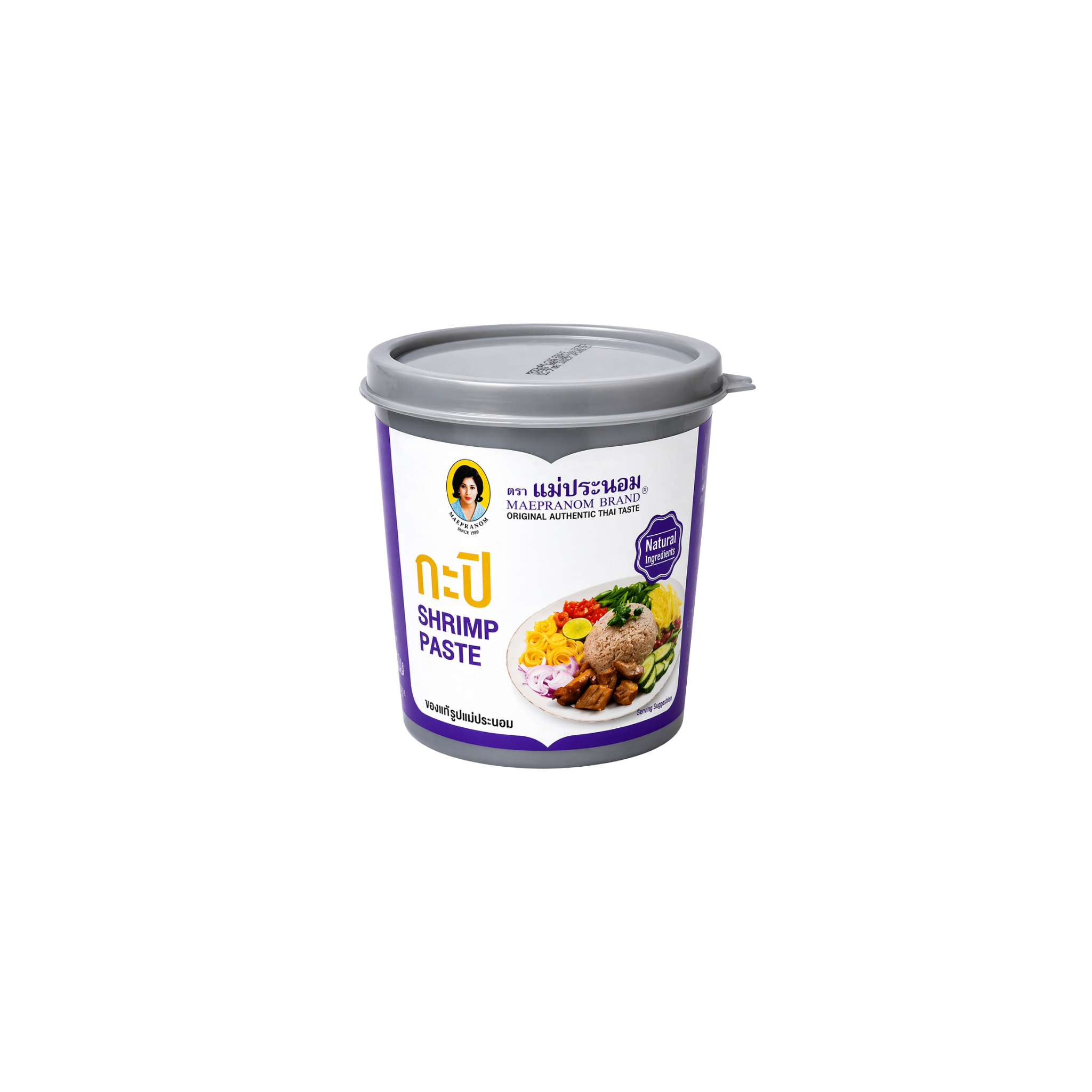 Maepranom Shrimp Paste 350g – autentisk thailandsk rejerpasta i lilla bøtte med naturlige ingredienser