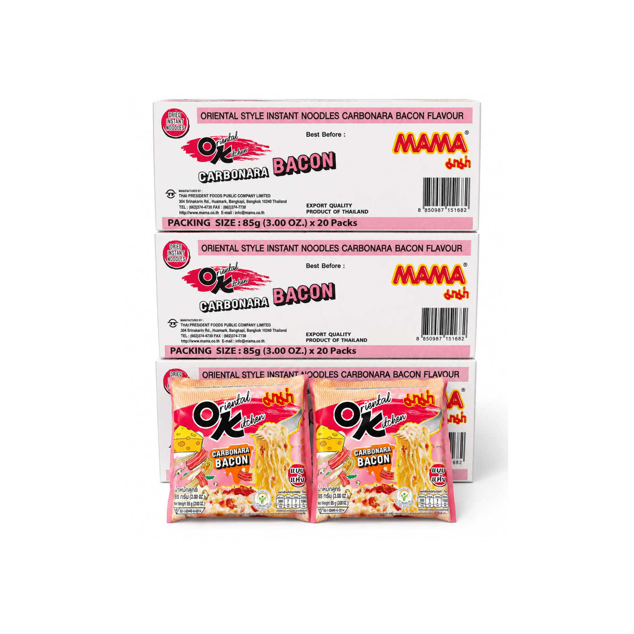 Mama Oriental Kitchen Carbonara Bacon 3 kasser – thai instant nudler i pink pose med carbonara-illustration