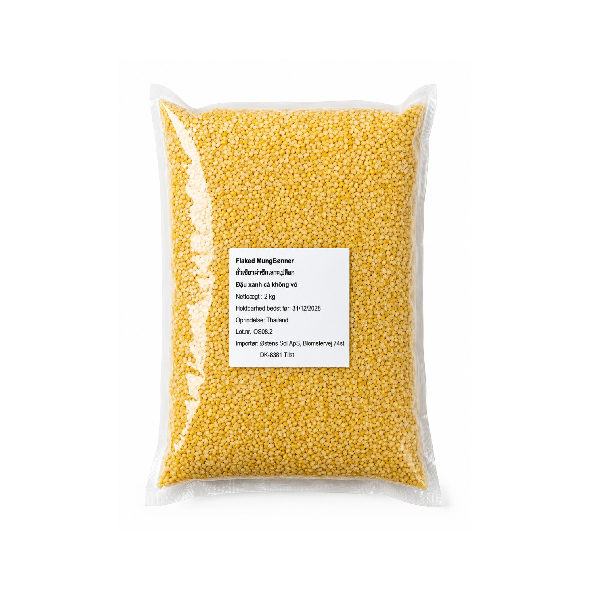 Østens Sol Flækkede Mungbønner uden skal 2kg – gule mungbønner (mung dal) i klar pose