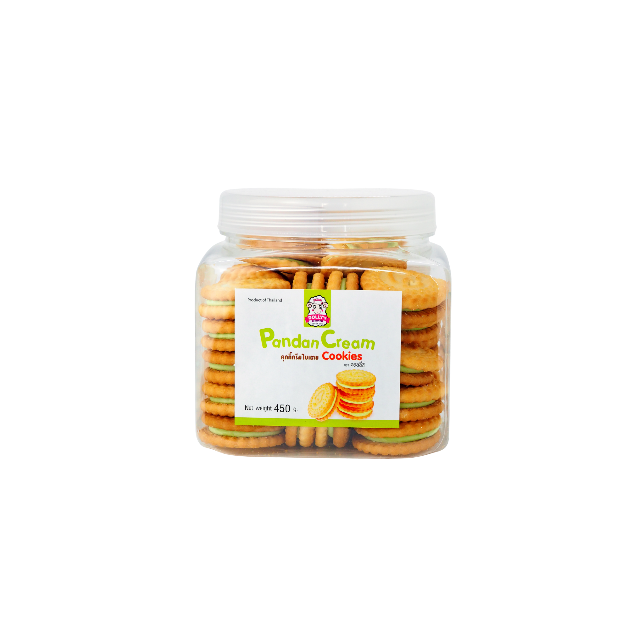 Dolly's Pandan Cream Cookies 450 g – cremefyldte pandansmåkager i gennemsigtig beholder