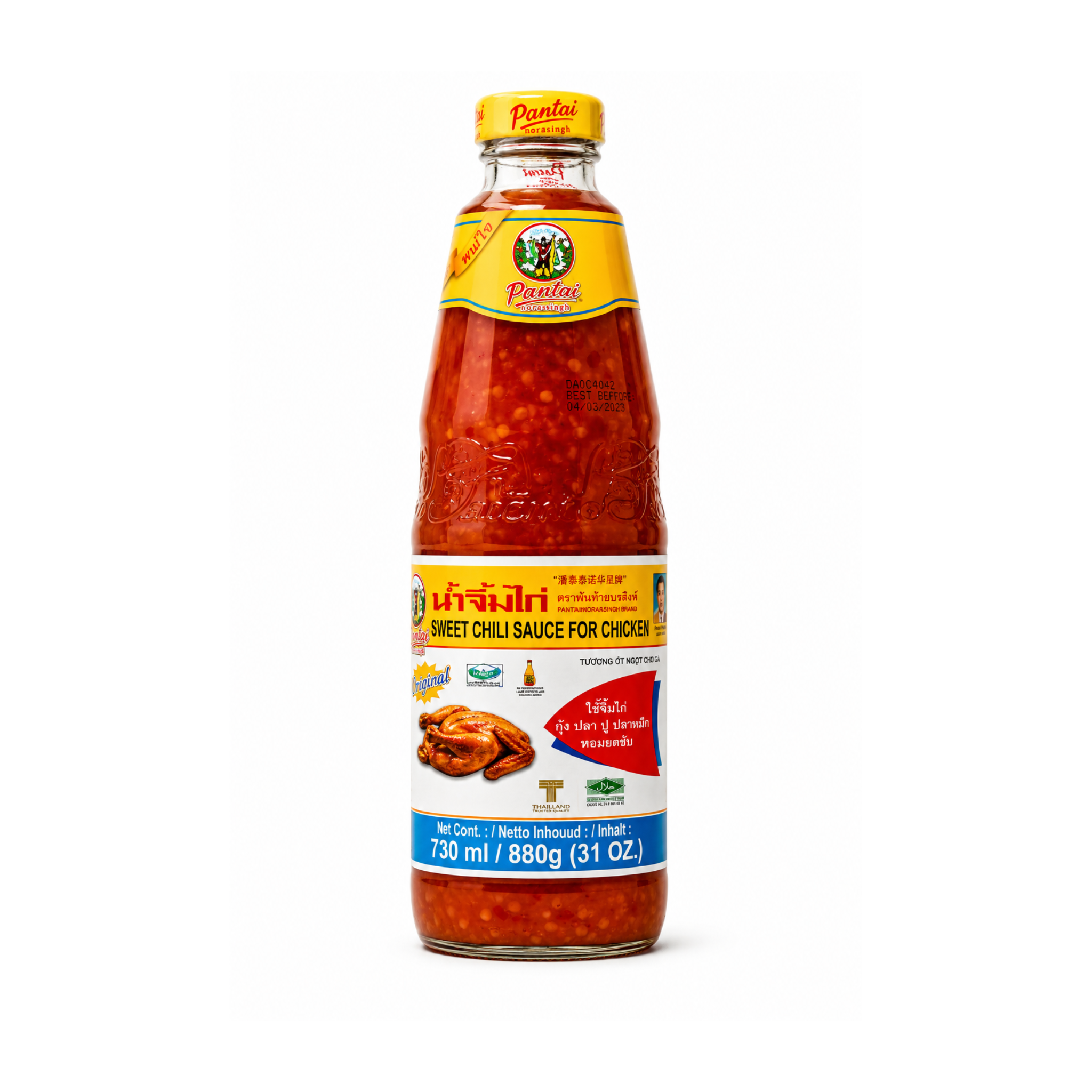 Pantai Sød Chilisauce 730ml – thai sweet chili i glasflaske med gul etiket og kylling-illustration