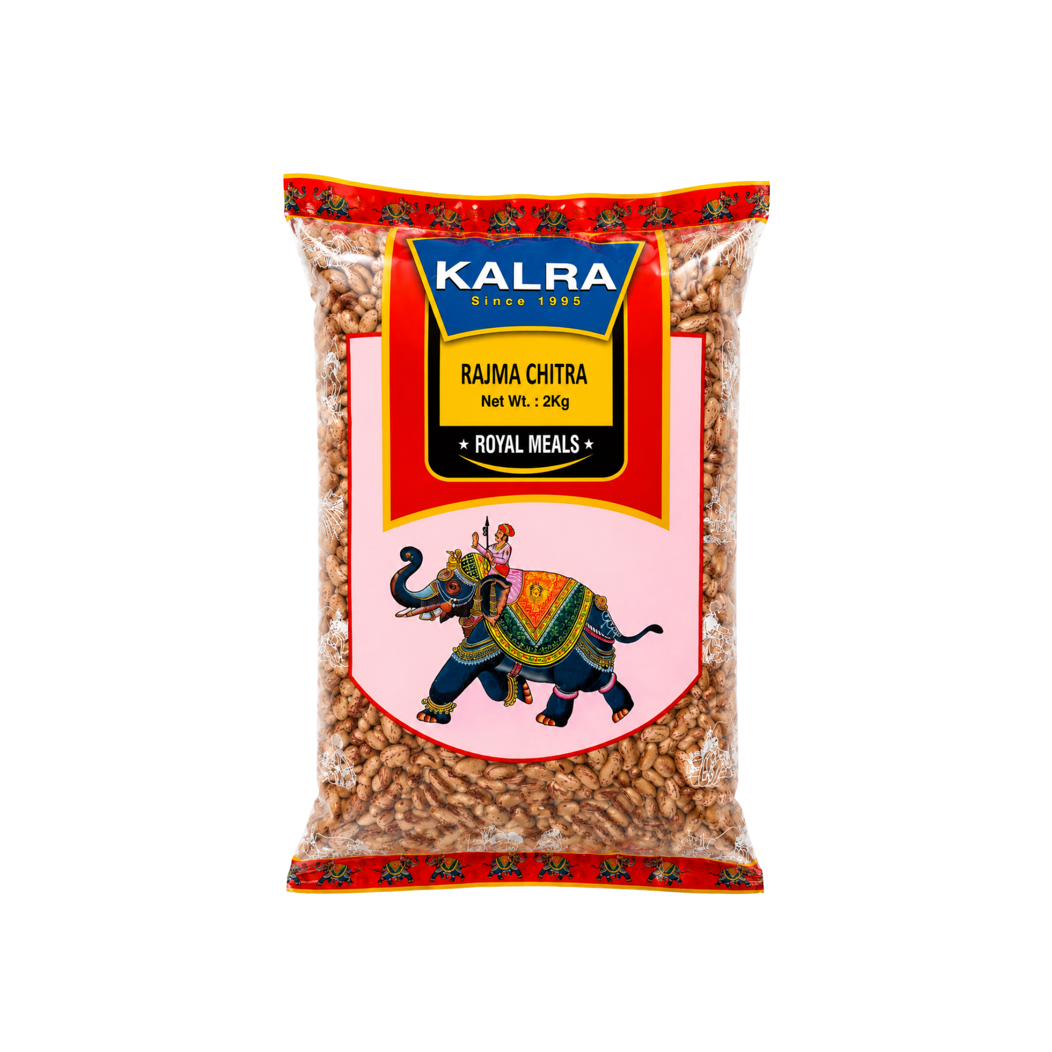 Kalra Pintobønner Rajma Chitra 2 kg – tørrede plettede bønner i plastpose med elefant-motiv