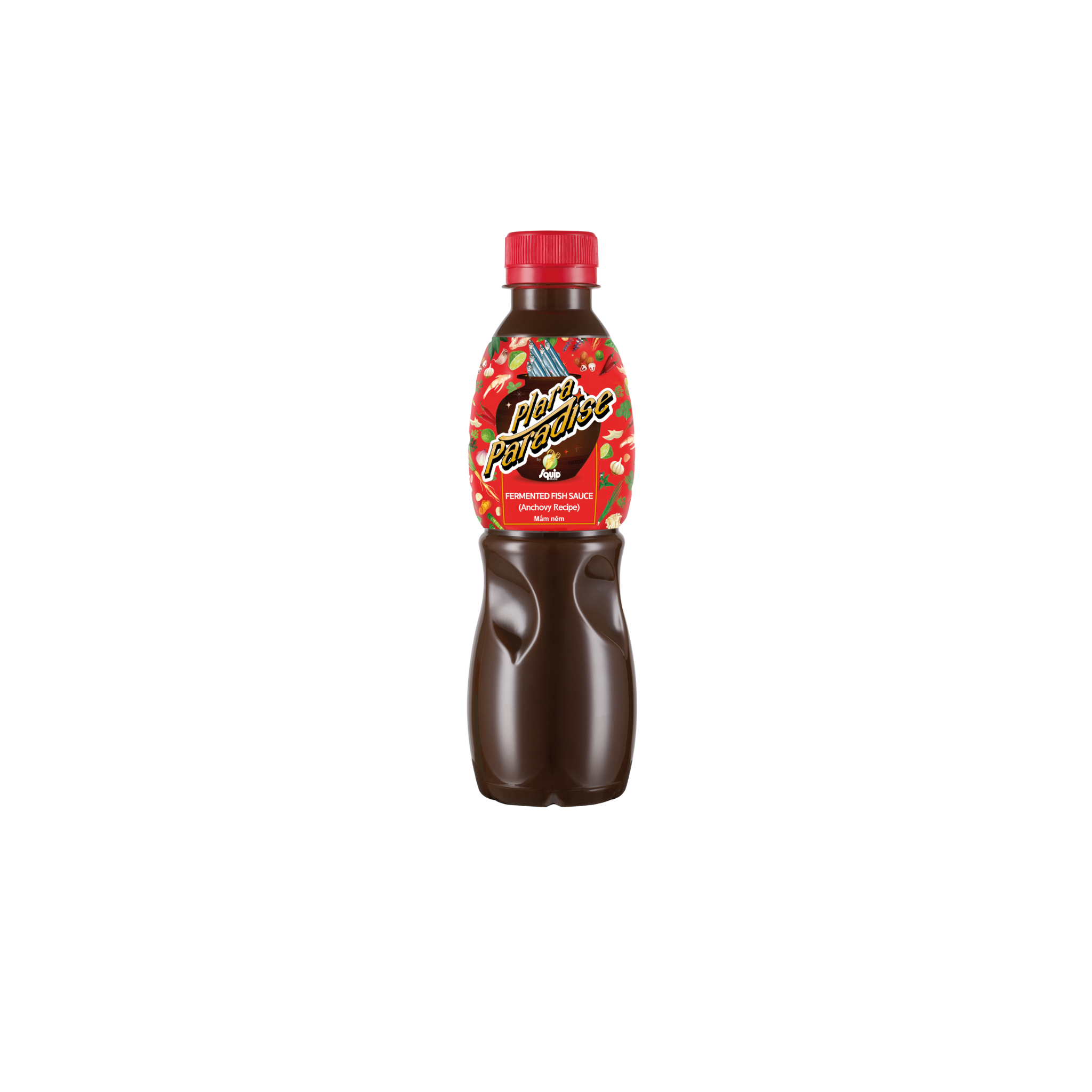 Squid Brand Plara Paradise Fermenteret Fiskesauce Anchovy 350 ml – thailandsk plara i mørk plastflaske med rød etiket