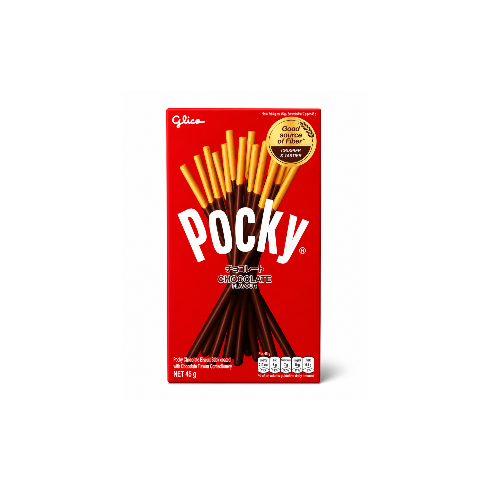 Glico Pocky Chokolade 45g – japanske kiksestænger med chokoladeovertræk i en rød pakke.