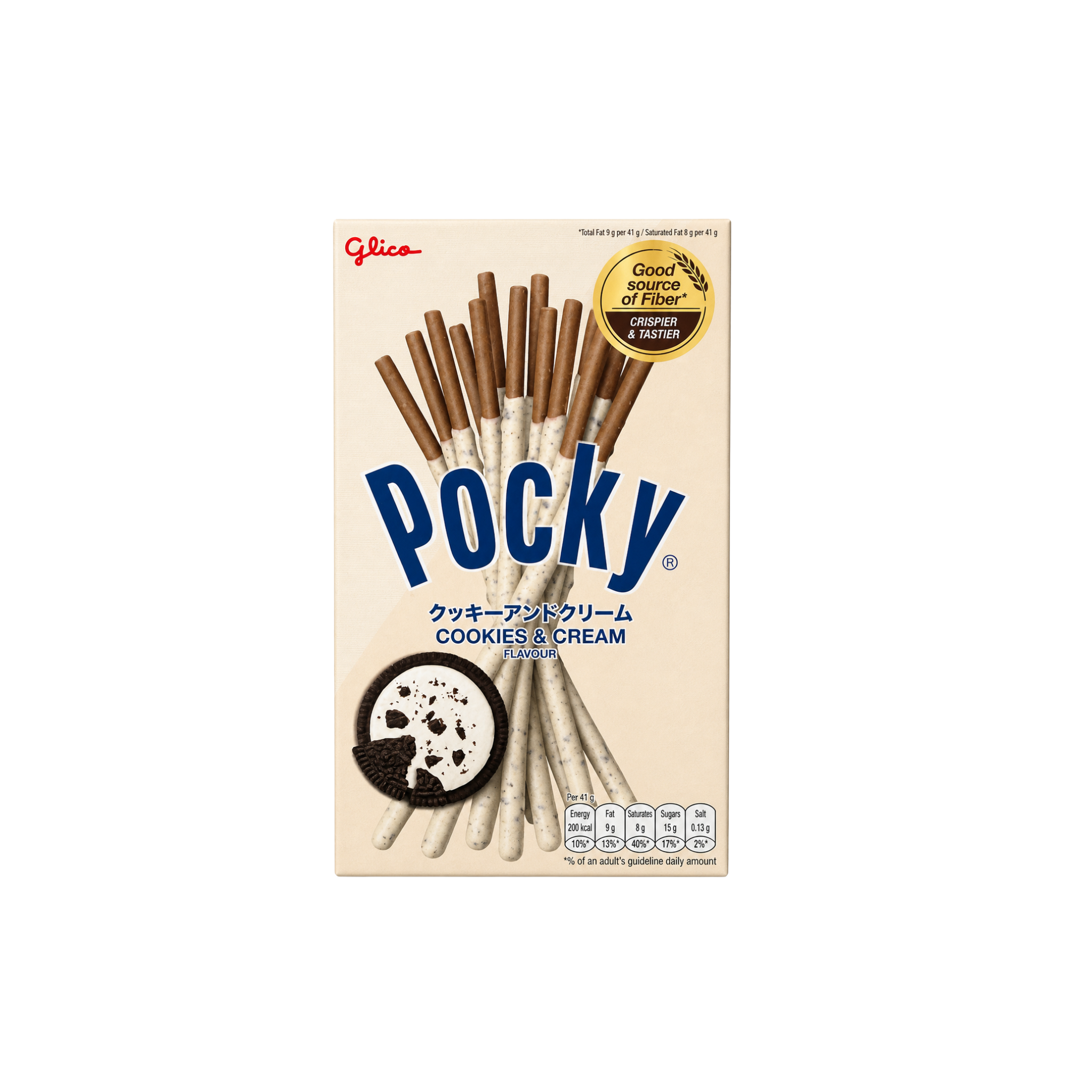Glico Pocky Cookies & Cream 41g – japanske kiksestænger med cookies & cream-overtræk i hvid æske.