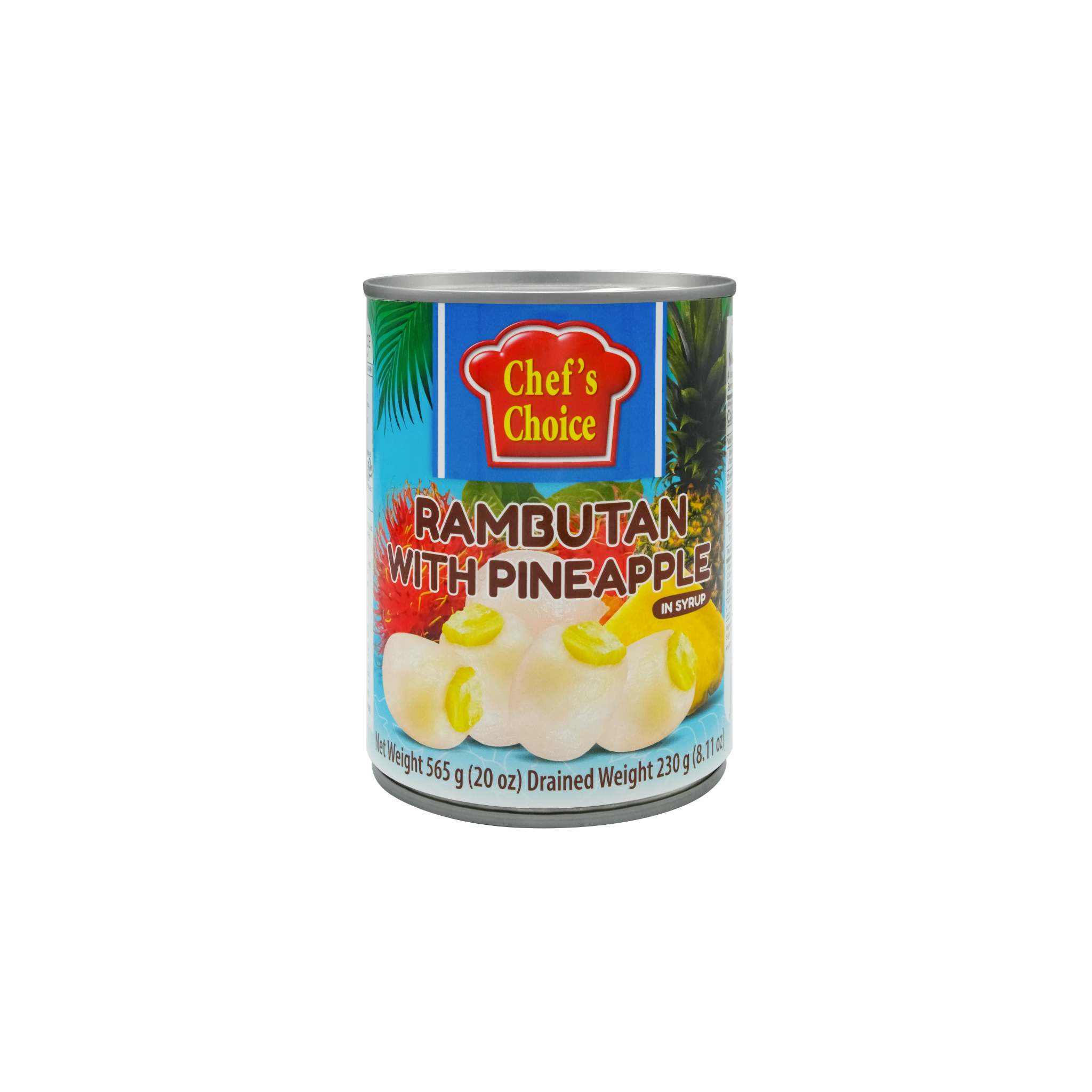 Chef's Choice Rambutan med Ananas i Sirup 565 g – thailandsk dåsefrugt med rambutans fyldt med ananas i blå dåse