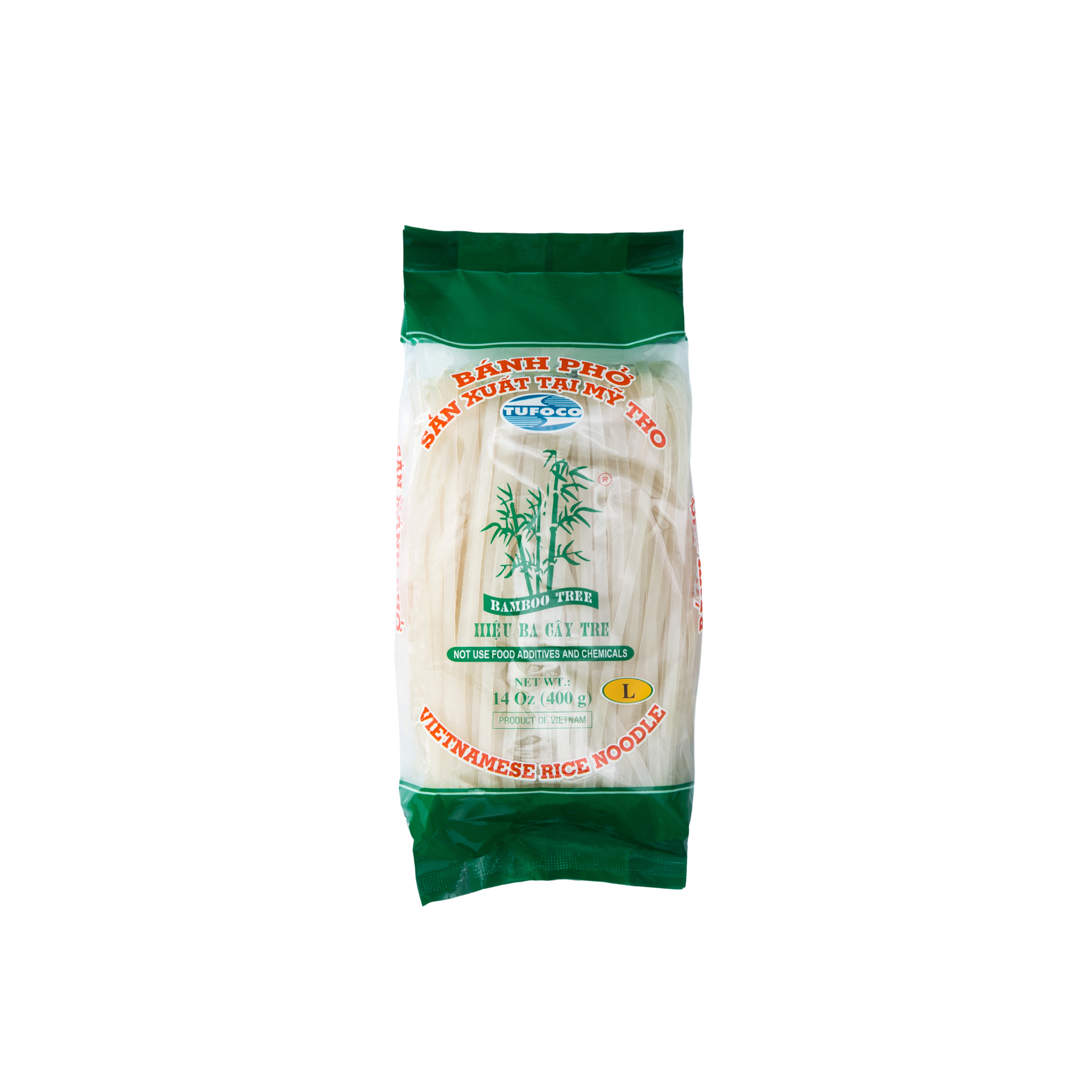 Bamboo Tree Risnudler Banh Pho 5 mm 400 g – brede vietnamesiske phở-nudler i grøn pose med bambusmotiv