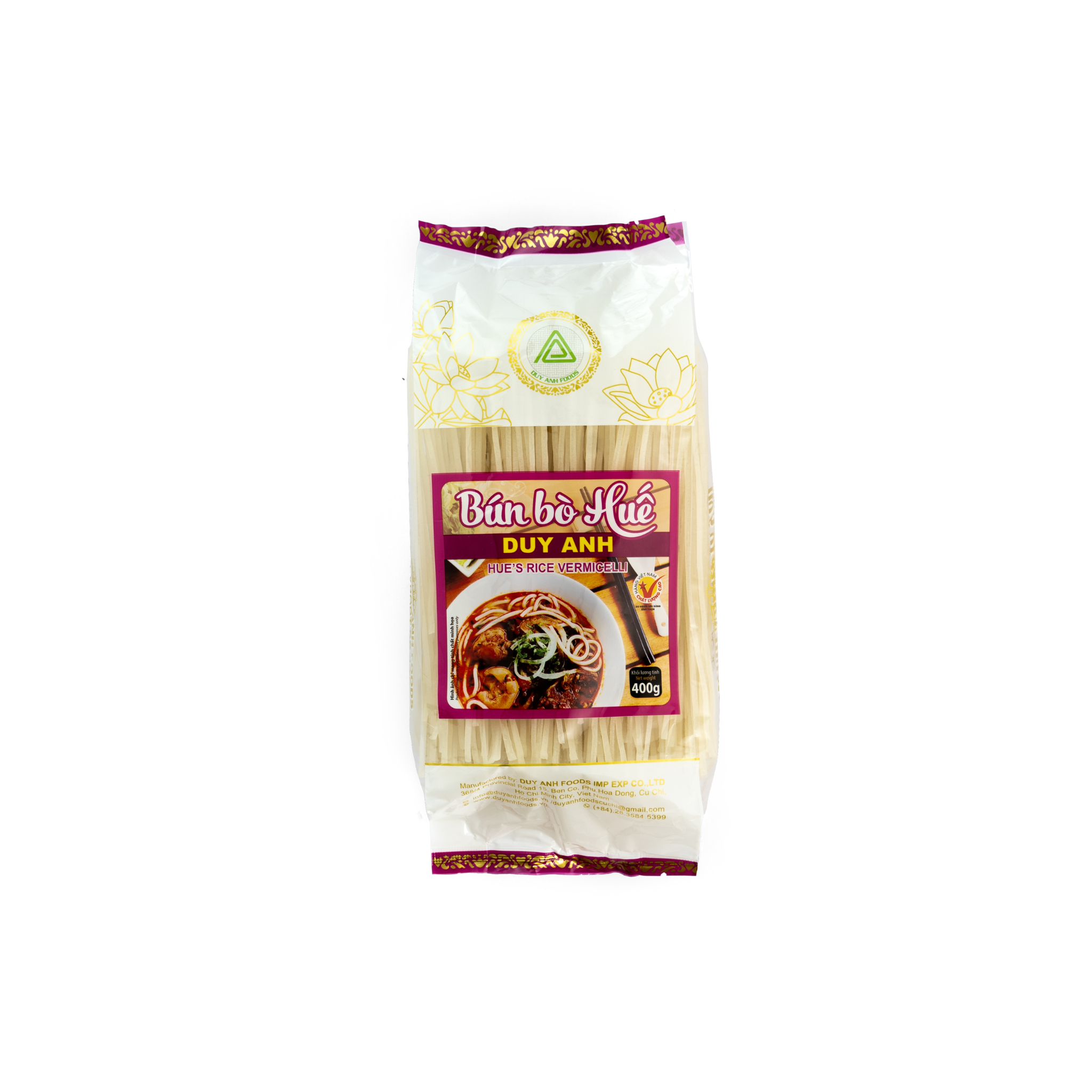 Duy Anh Risnudler Bun Bo Hue 1,8 mm 400 g – tykke vietnamesiske risnudler i hvid pose med bordeaux etiket