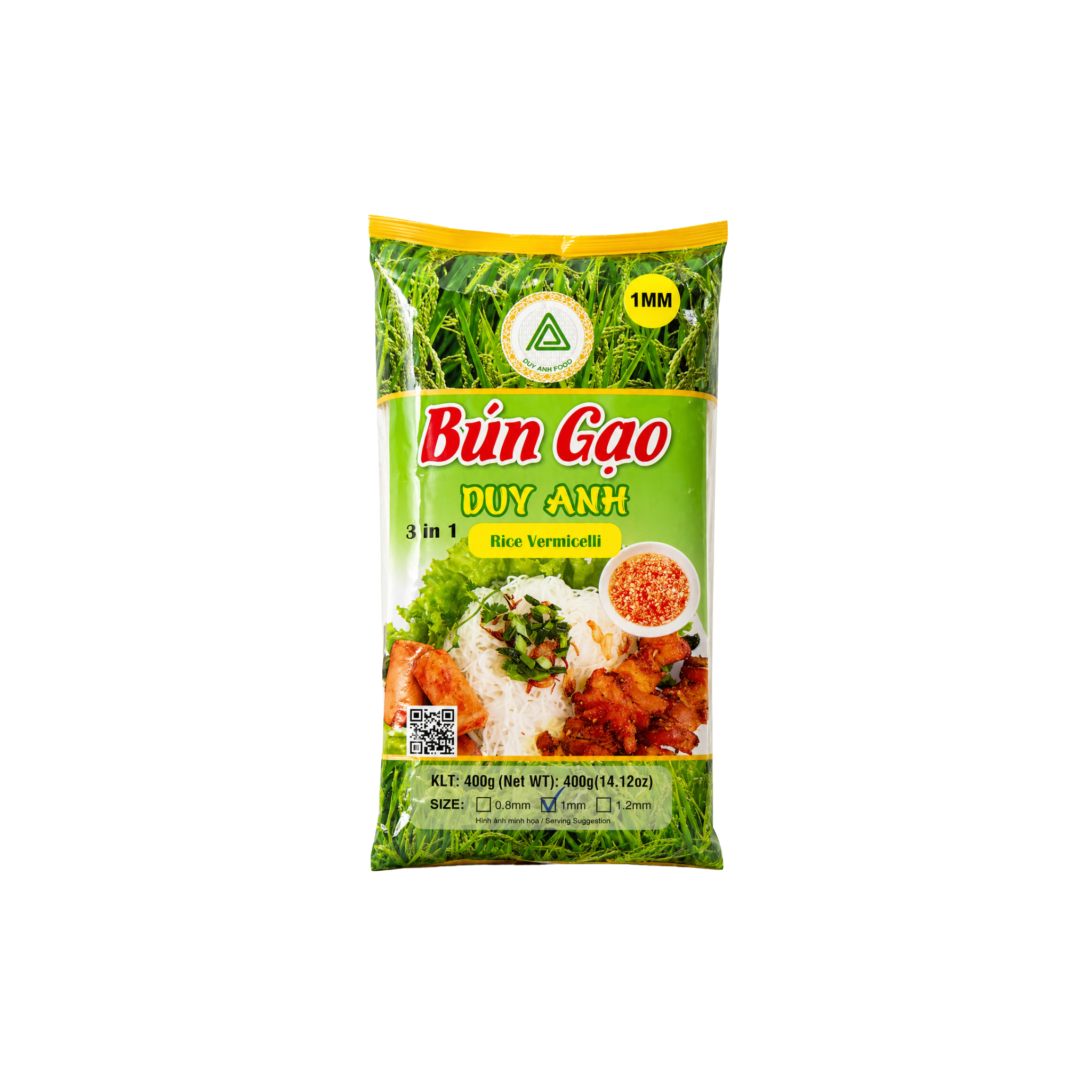 Duy Anh Risnudler Bun Gao 1 mm 400 g – tynde vietnamesiske risnudler i grøn pose med risplante-motiv
