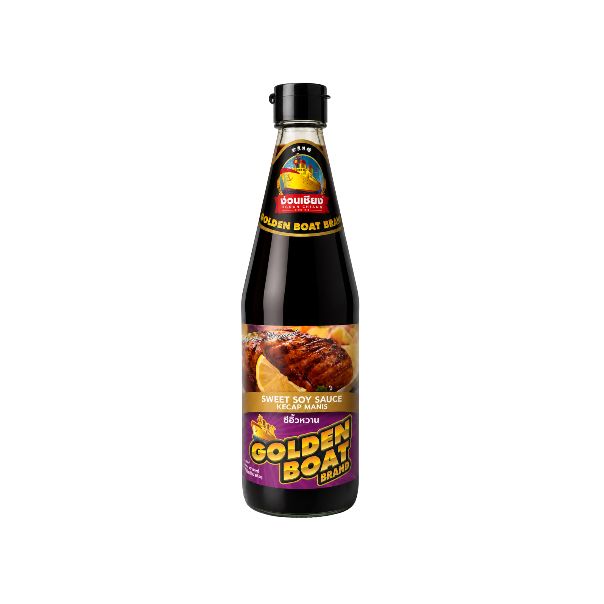 Golden Boat Sød Sojasauce Kecap Manis 700 ml – thailandsk sweet soy sauce i mørk glasflaske med lilla etiket