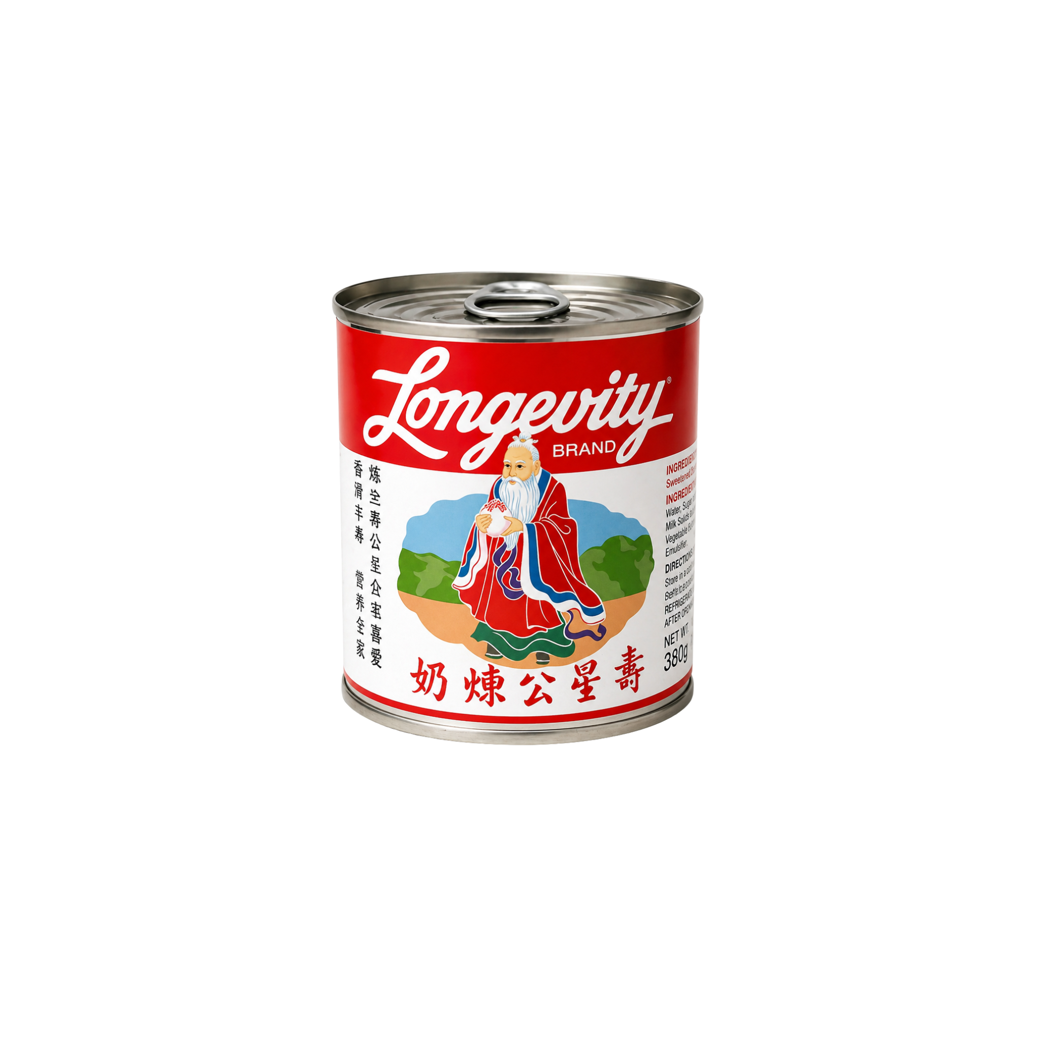 Longevity Sødet Kondenseret Mælk 380 g – klassisk asiatisk kondenseret mælk i rød dåse med longevity star
