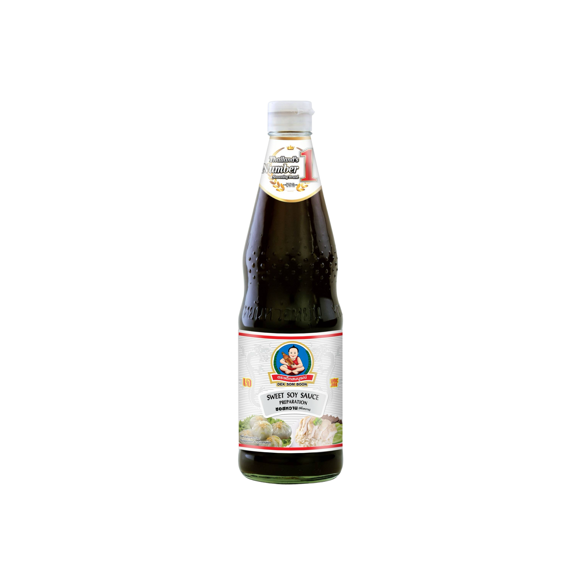 Dek Som Boon sød sojasauce 970 g – thailandsk sweet soy sauce i glasflaske med hvidt label