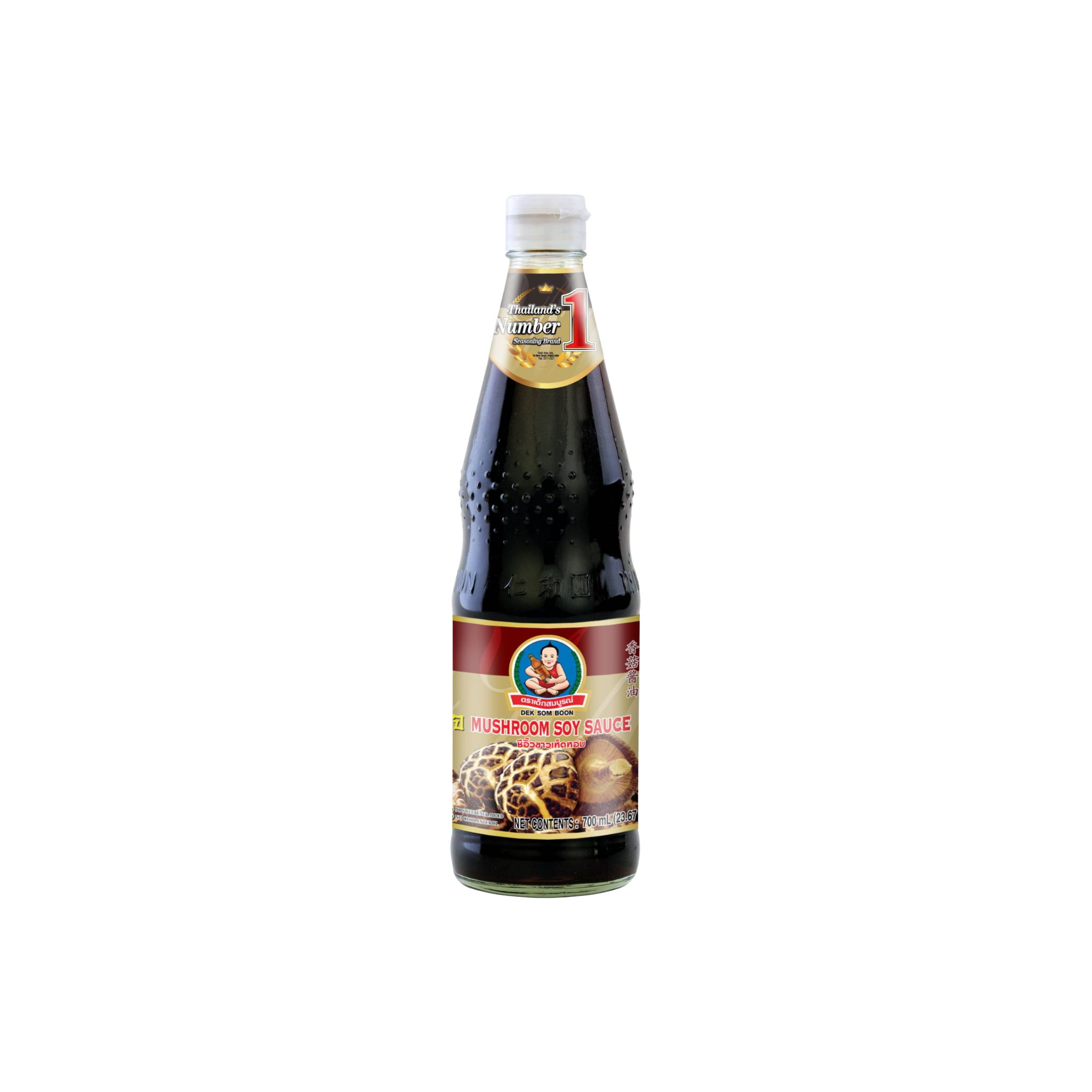 Dek Som Boon Sojasauce med Svamp Mushroom Soy Sauce 700 ml – thailandsk sojasauce med svampeekstrakt i glasflaske