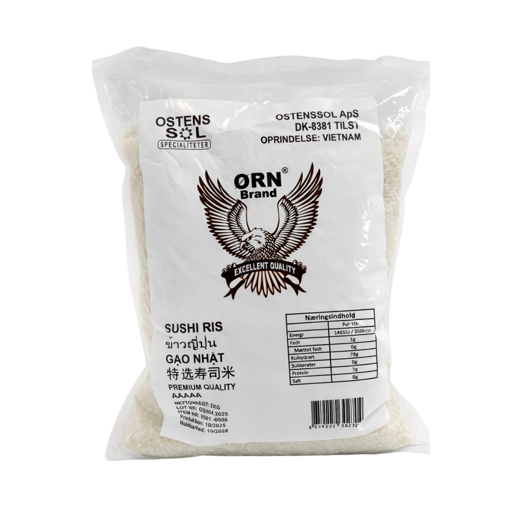 Ørn Brand sushiris 2 kg – premium Cao Nhat sushiris i hvid og gennemsigtig pose