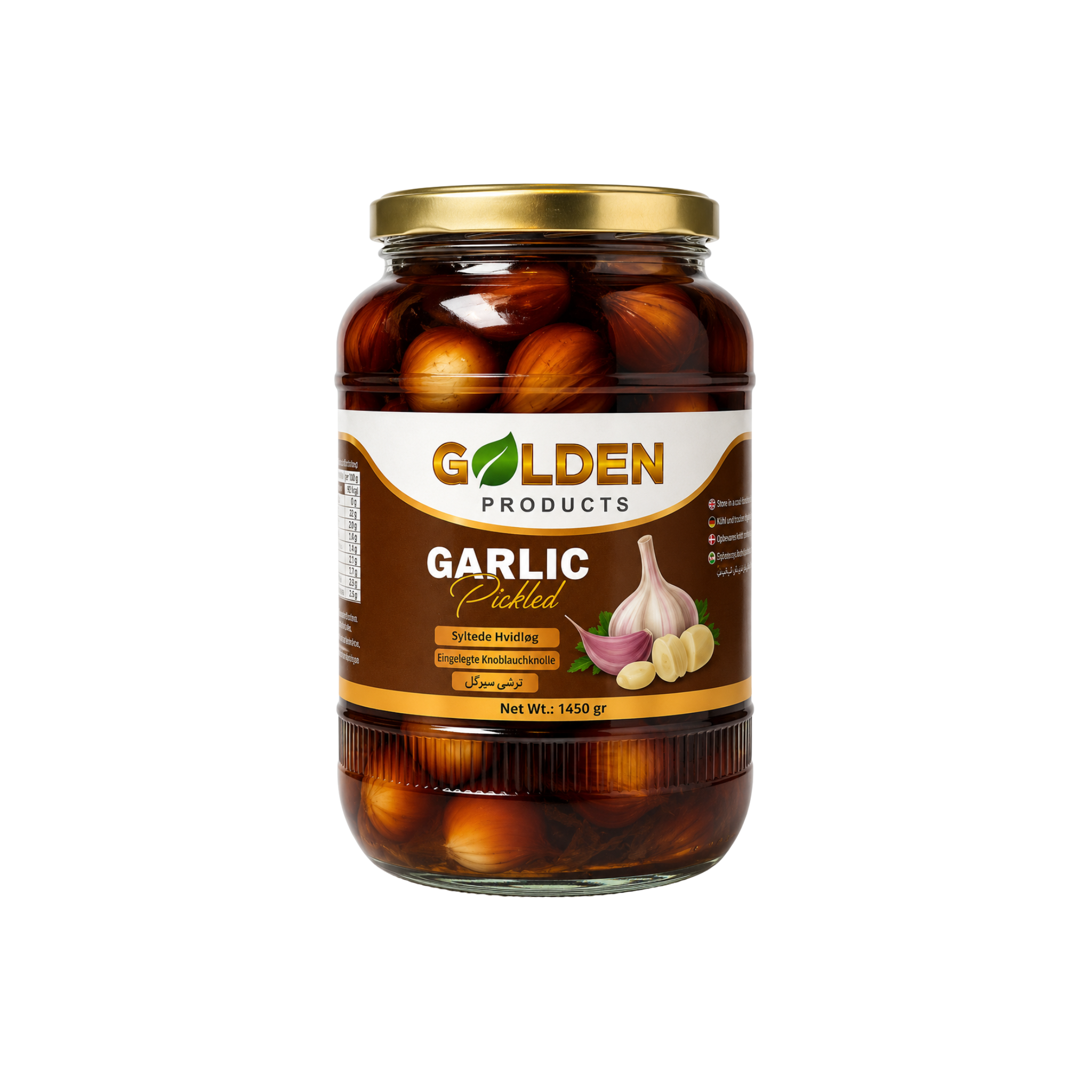 Golden Products Syltede Hvidløg Torshi Sir 1450 g – iranske hele hvidløg syltet i dadel-eddike i glaskonserves