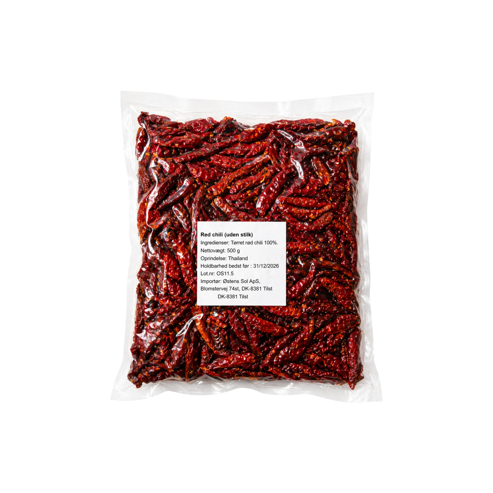 Tørret Rød Chili uden Stilk 500g – hele thai chilier til chiliolie, curry-pasta og asiatisk madlavning