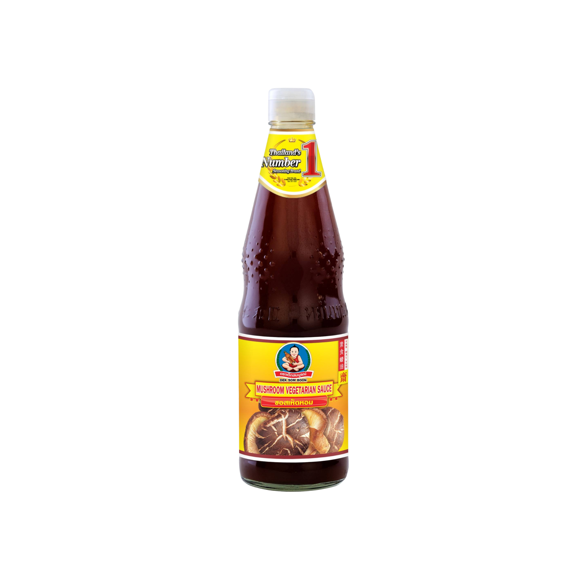 Dek Som Boon Vegetar Svampesauce Mushroom Vegetarian Sauce 800 g – thailandsk vegansk østersauce-erstatning i glasflaske med gul etiket