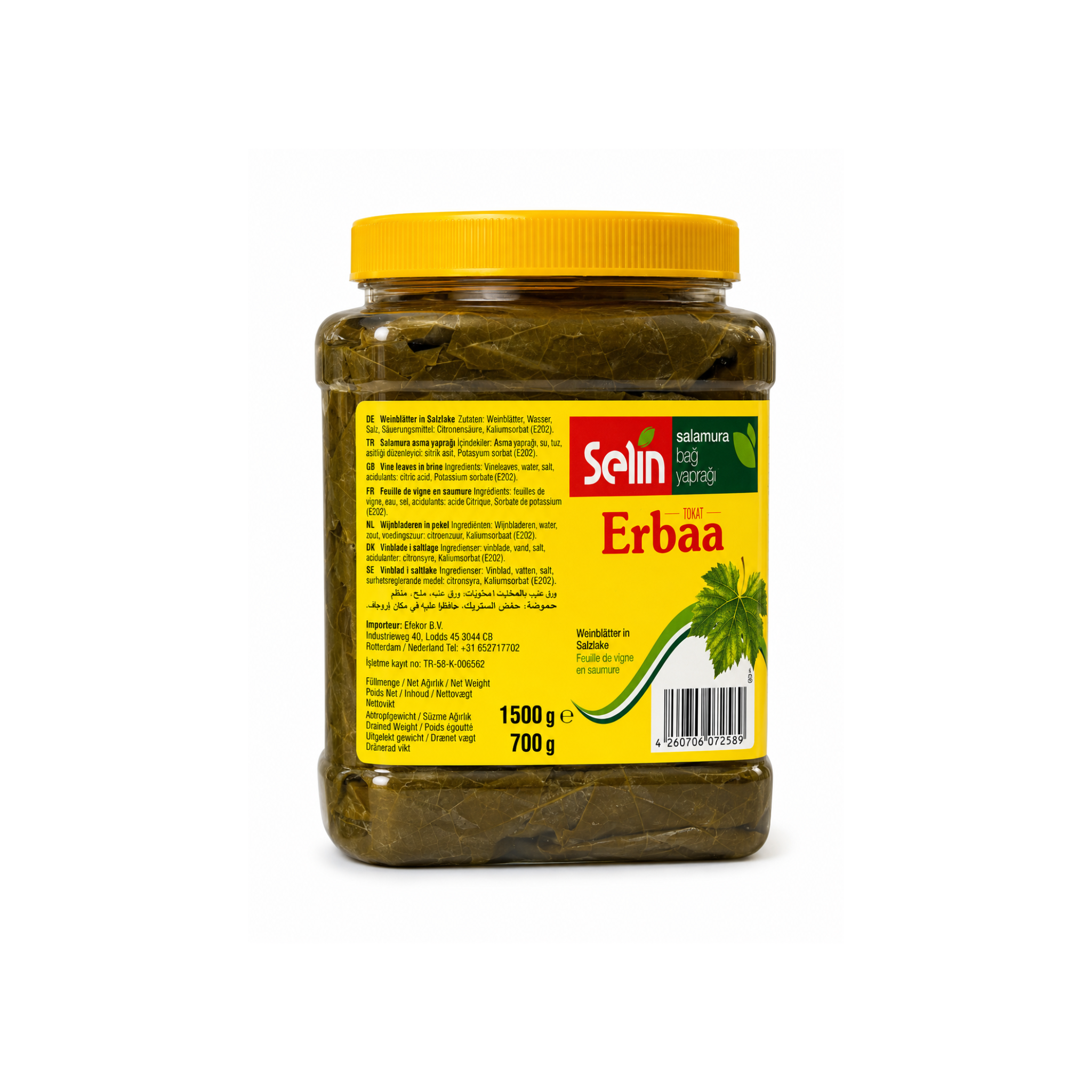 Selin Erbaa Vinblade i Saltlage 1500 g – tyrkiske Tokat-vinblade til dolma og sarma i plastdåse